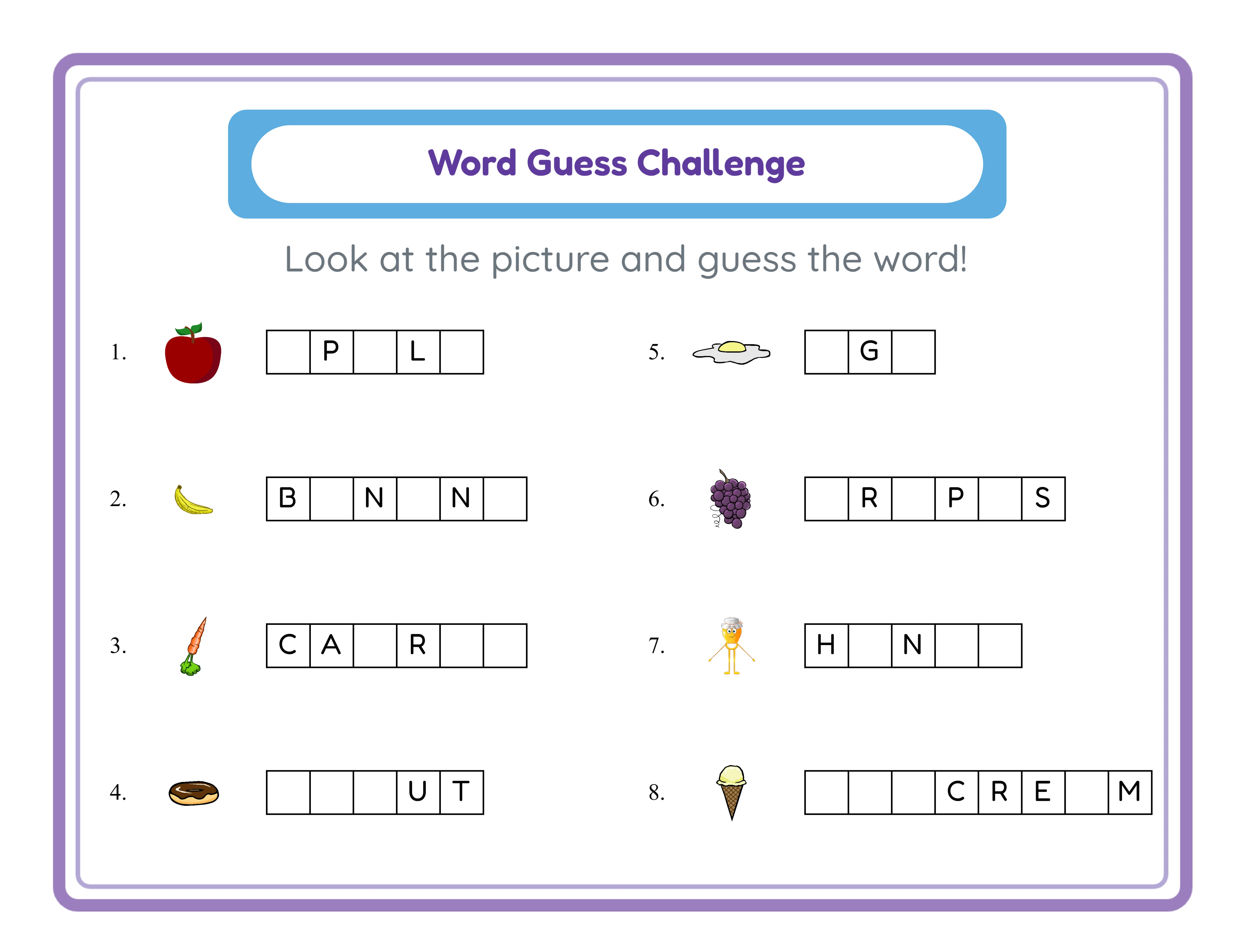 Spotlight word guess — vibrant picture-clue vocabulary challenge