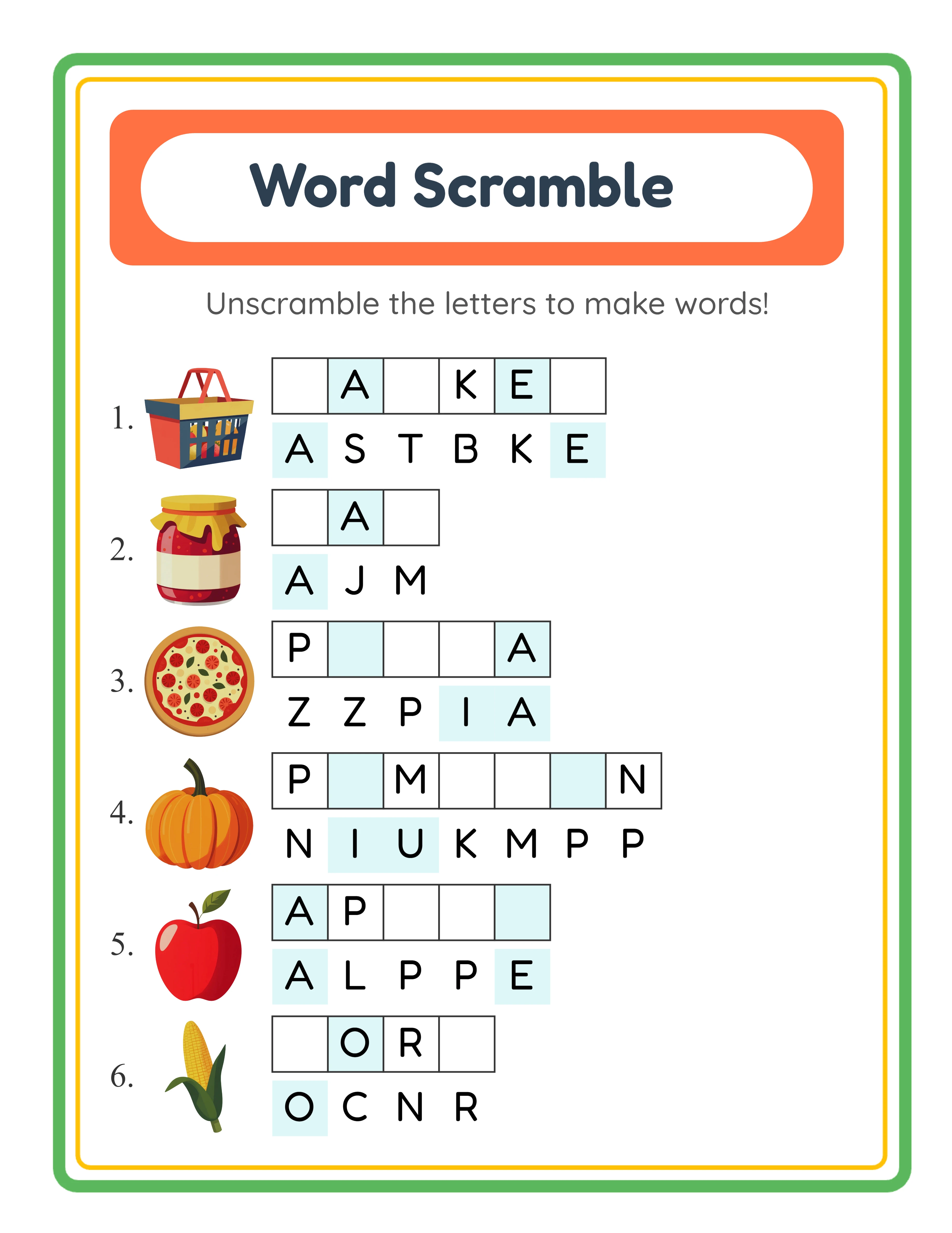 Themed word unscramble — spelling practice