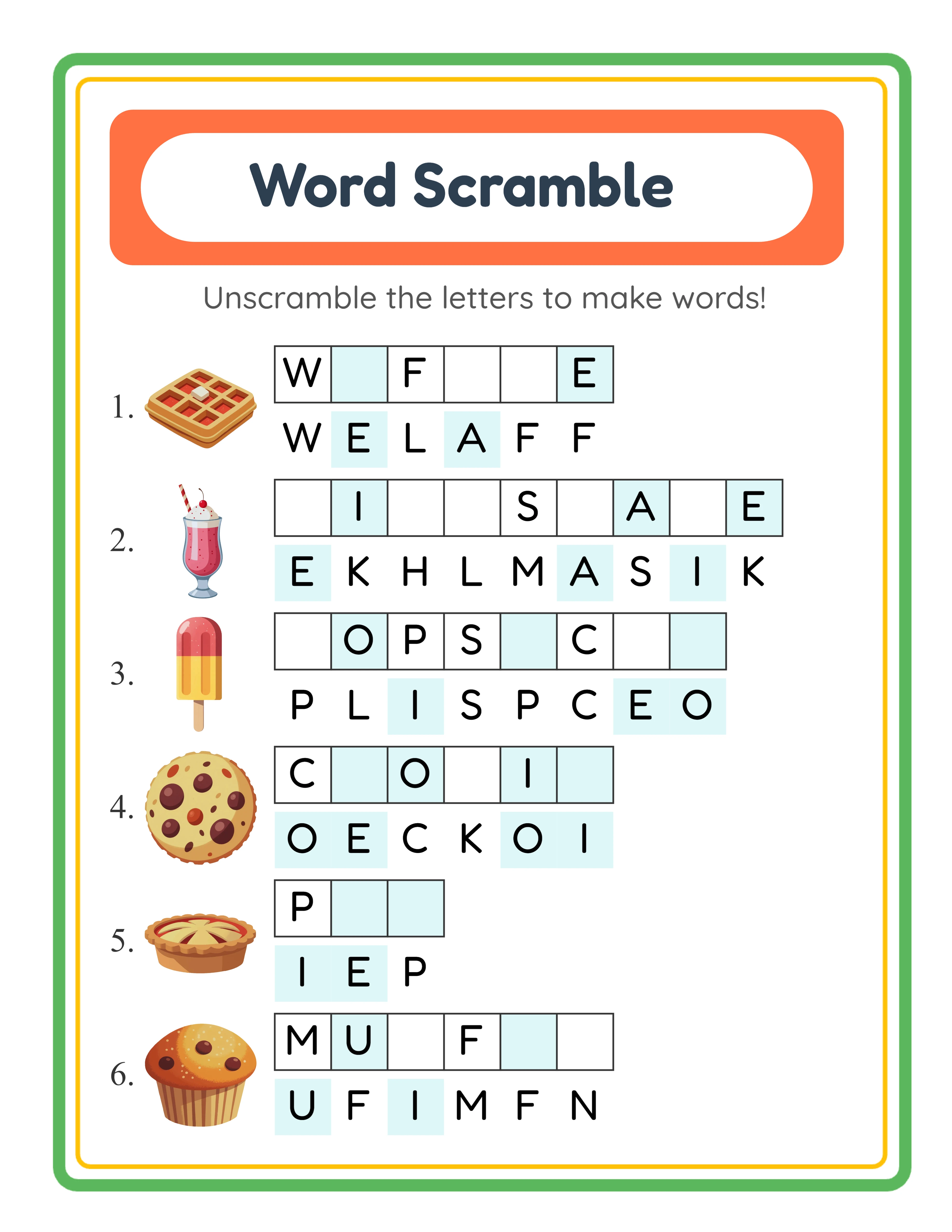 Featured word scramble — colorful themed activity