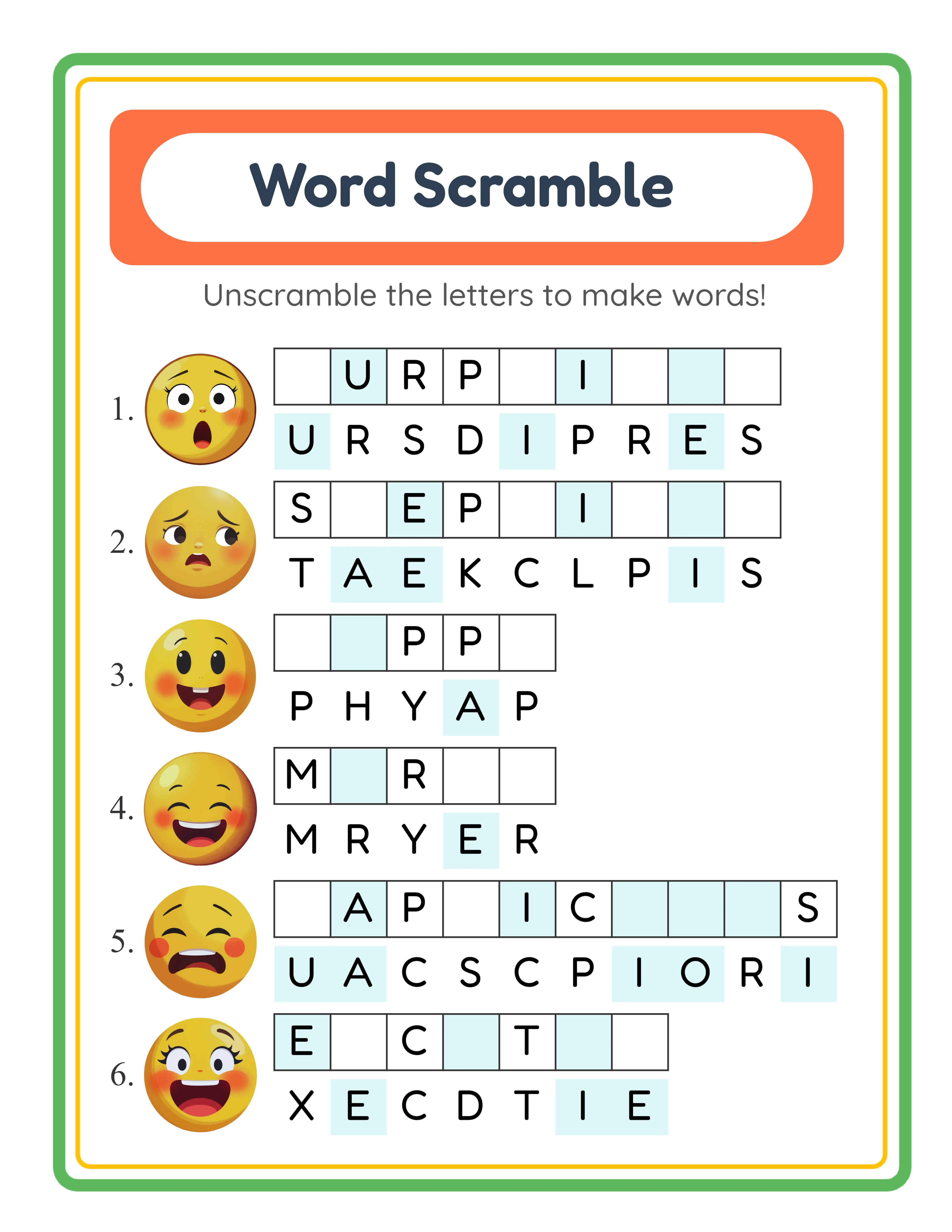 Themed word scramble worksheet with answer key for Etsy