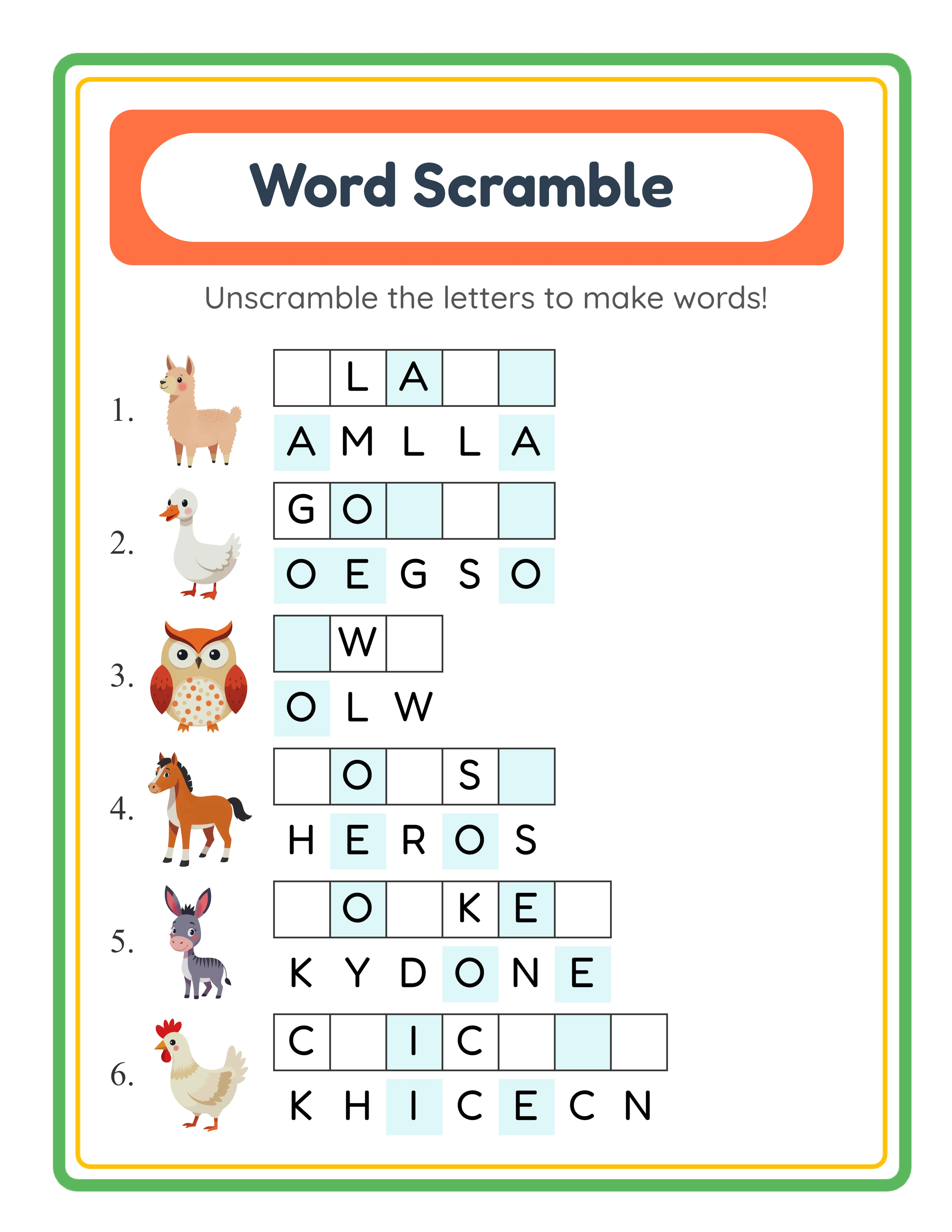 Professional word scramble printable worksheet