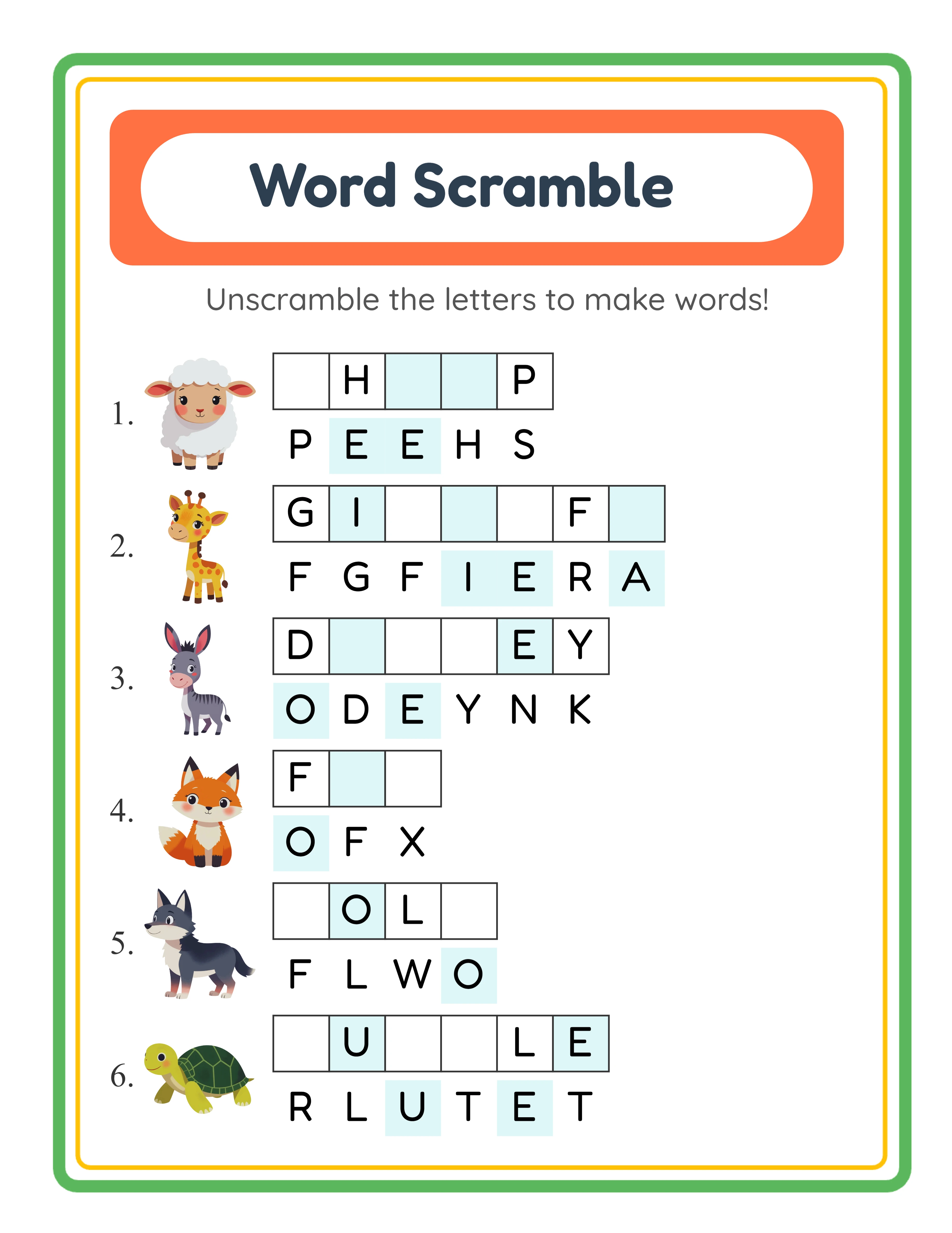 Word scramble — themed letter puzzles