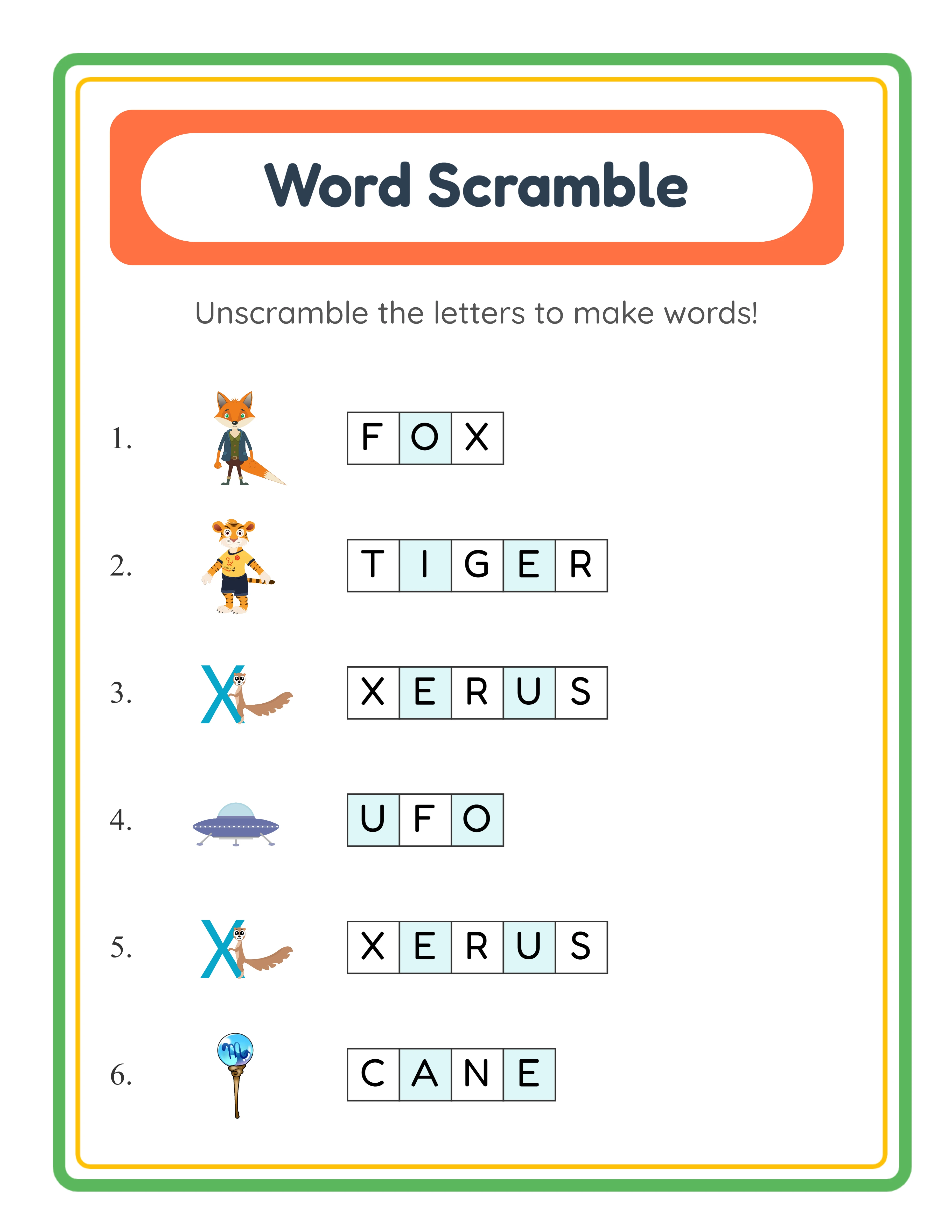 Word scramble answer key with all letters correctly unscrambled