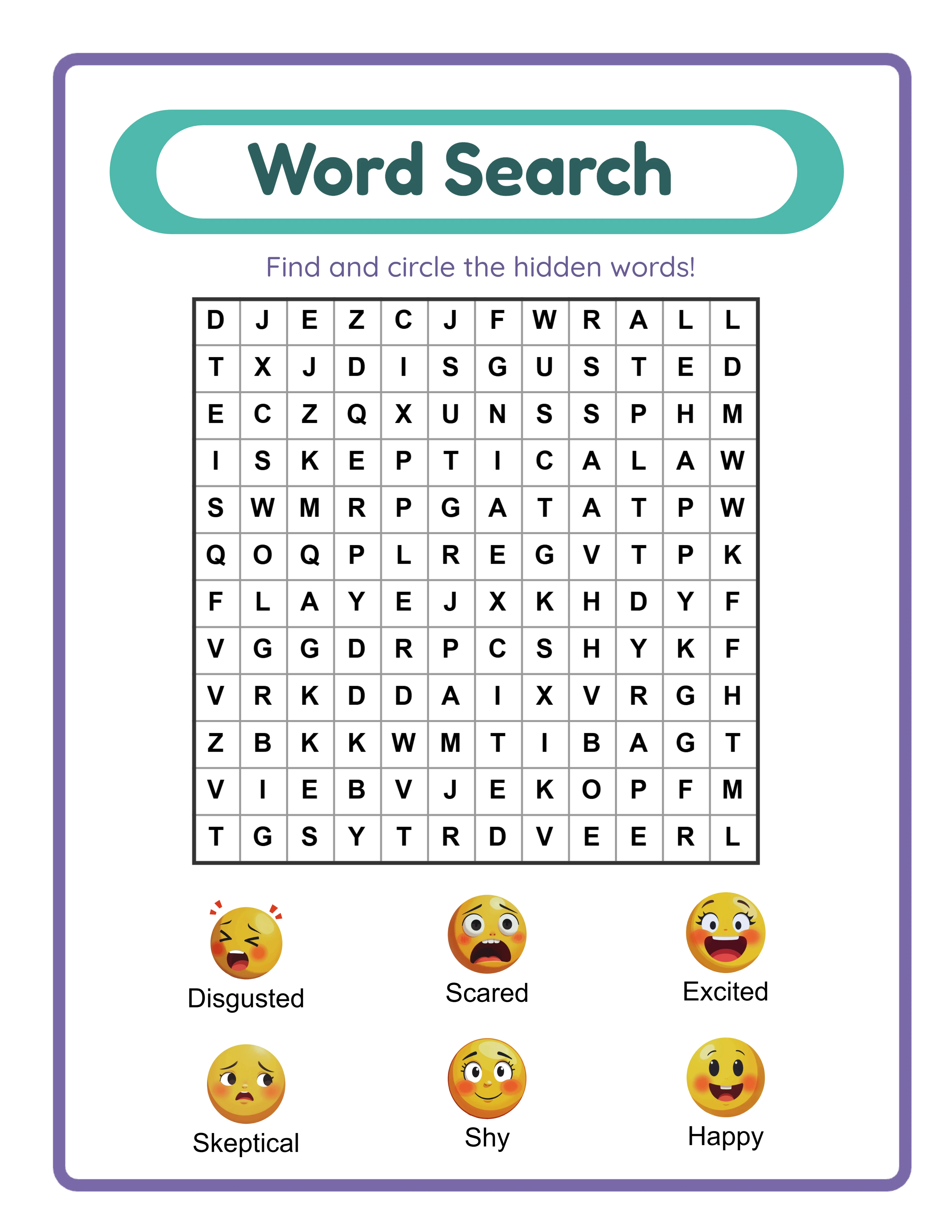 Word search practice — themed grid layout