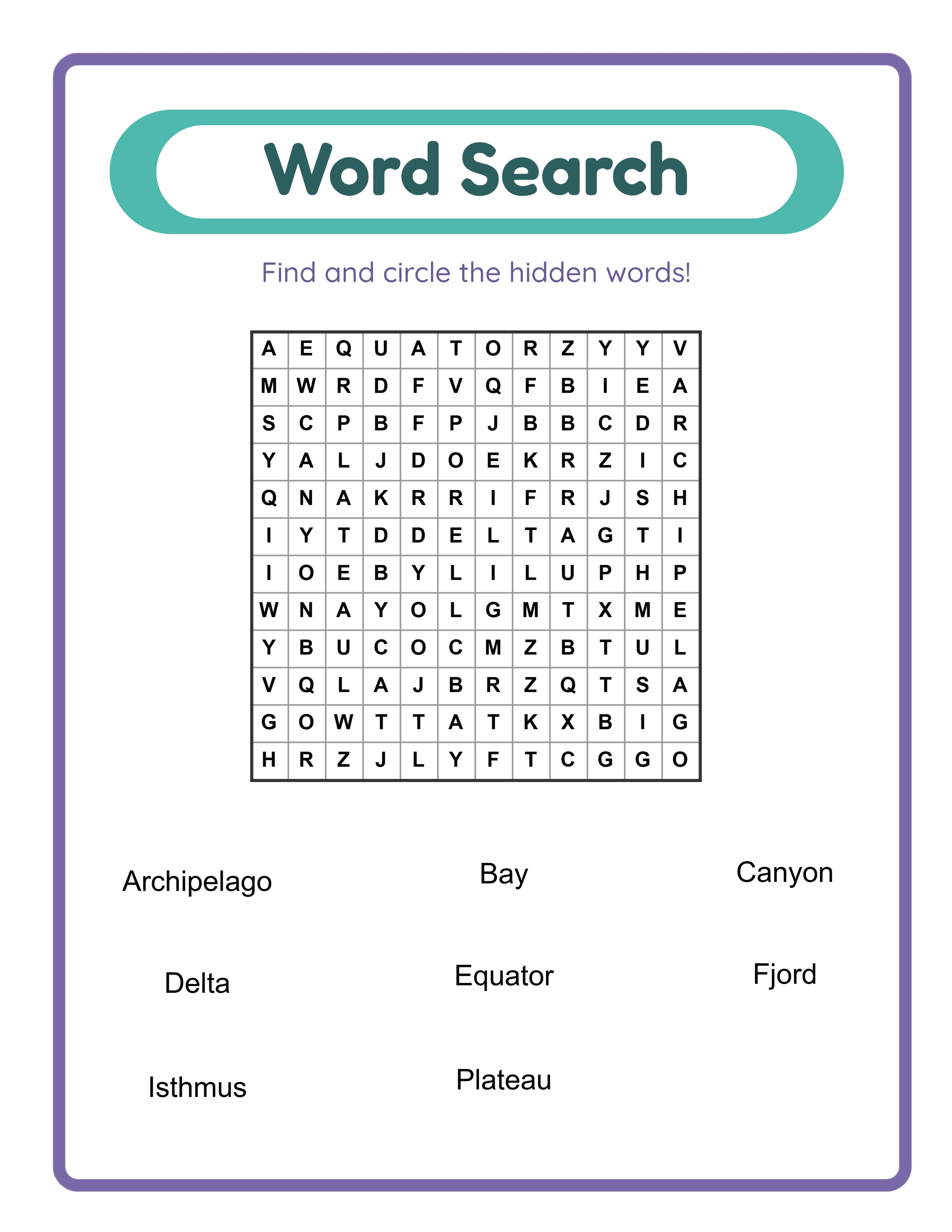 Word search worksheet using custom word list mode without images