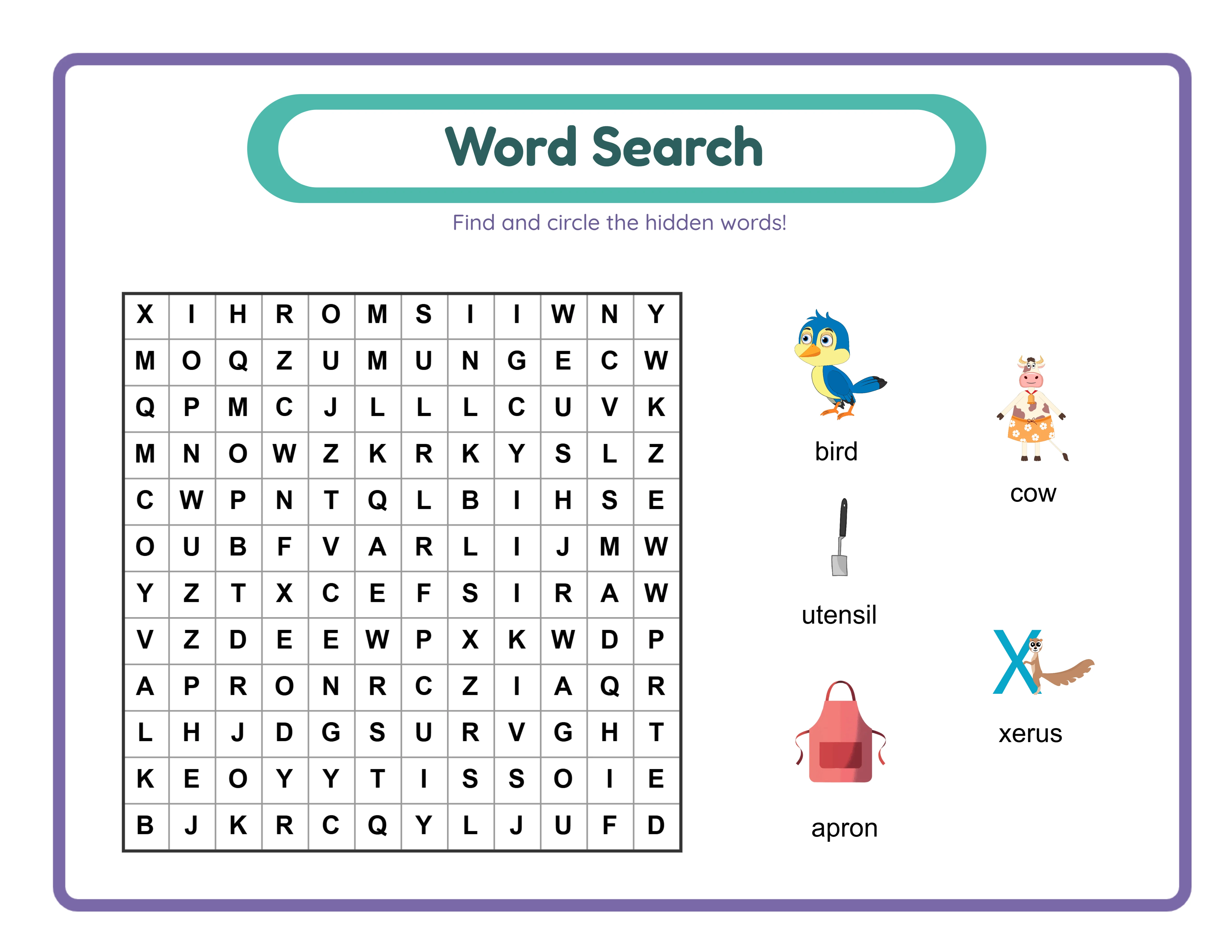 Word search worksheet in landscape layout with larger grid and diagonal words enabled