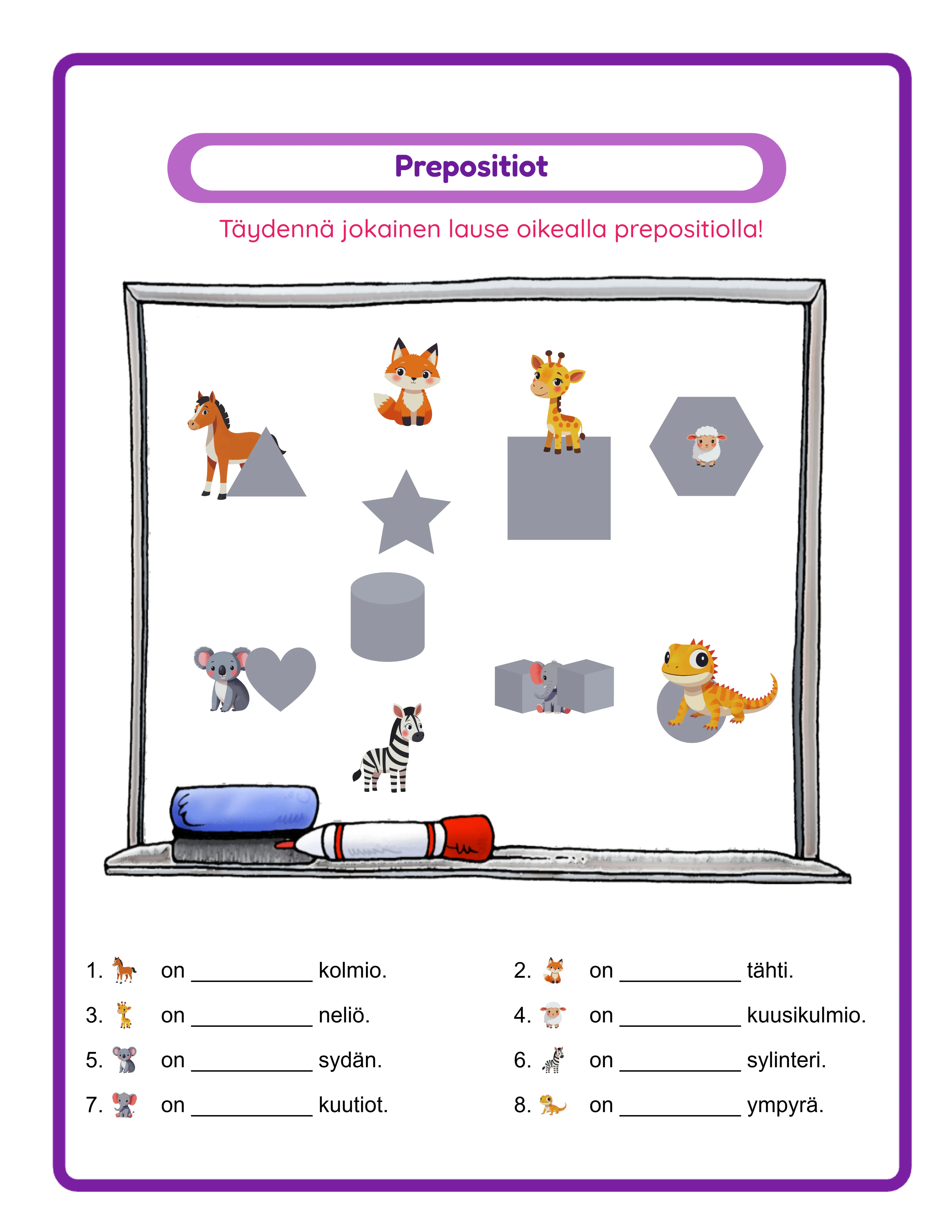 Prepositions printable worksheet — themed images
