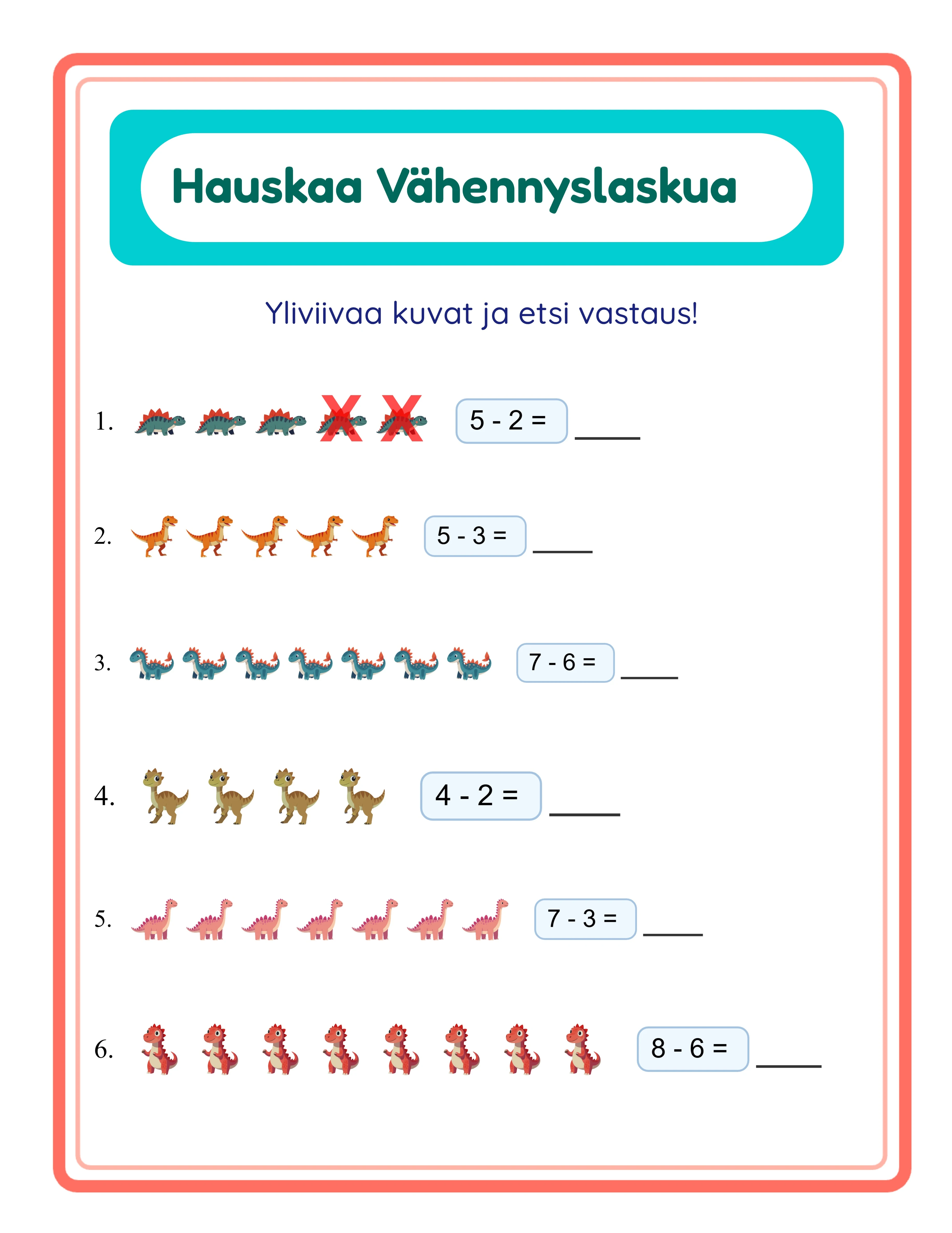 Subtraction printable worksheet — mixed problems with themed visuals