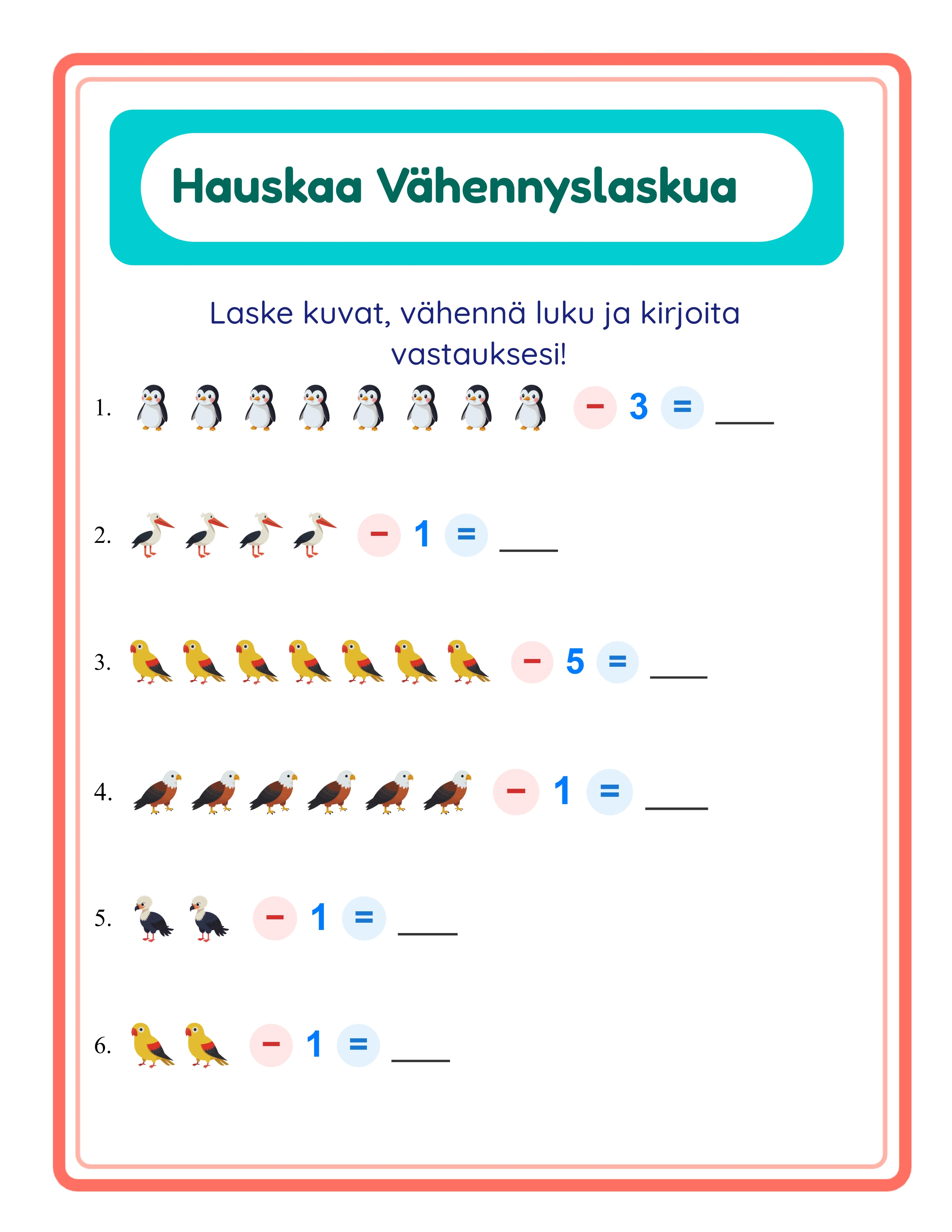 Featured subtraction printable worksheet — colorful themed pictures