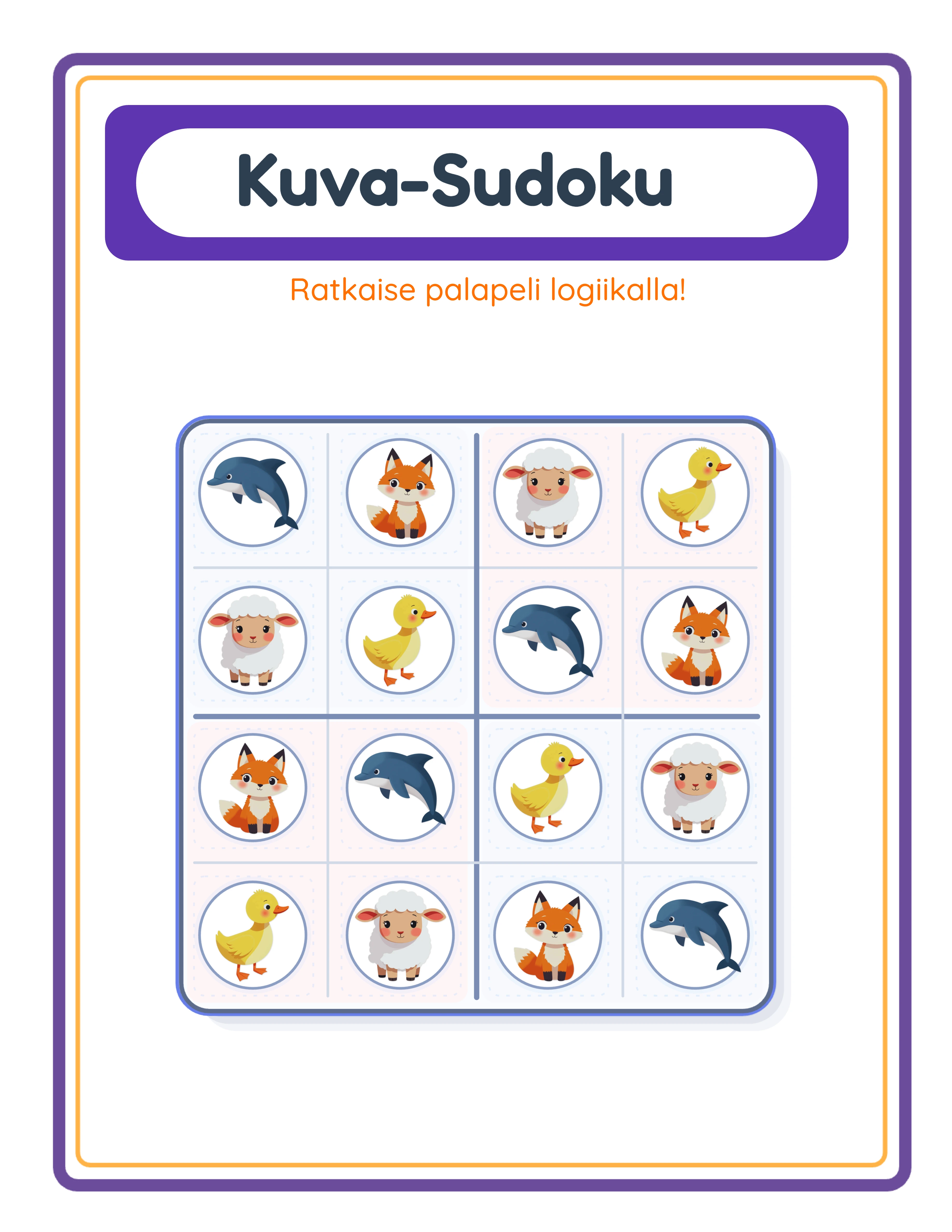 Kuvasudokun vastausavain nayttaen tayden 4x4-ruudukon kaikki 16 solua oikein taytettyna