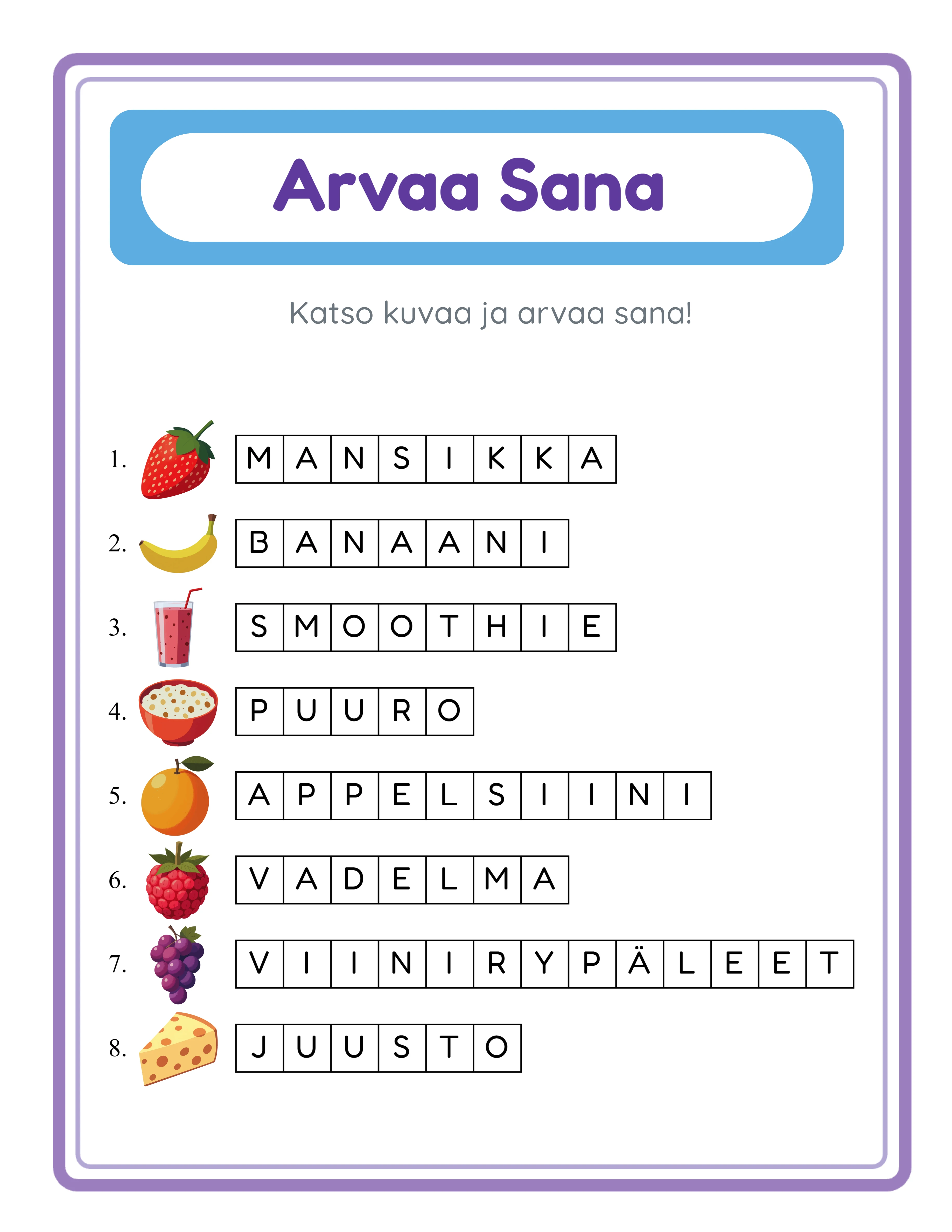 Word guess printable answer key