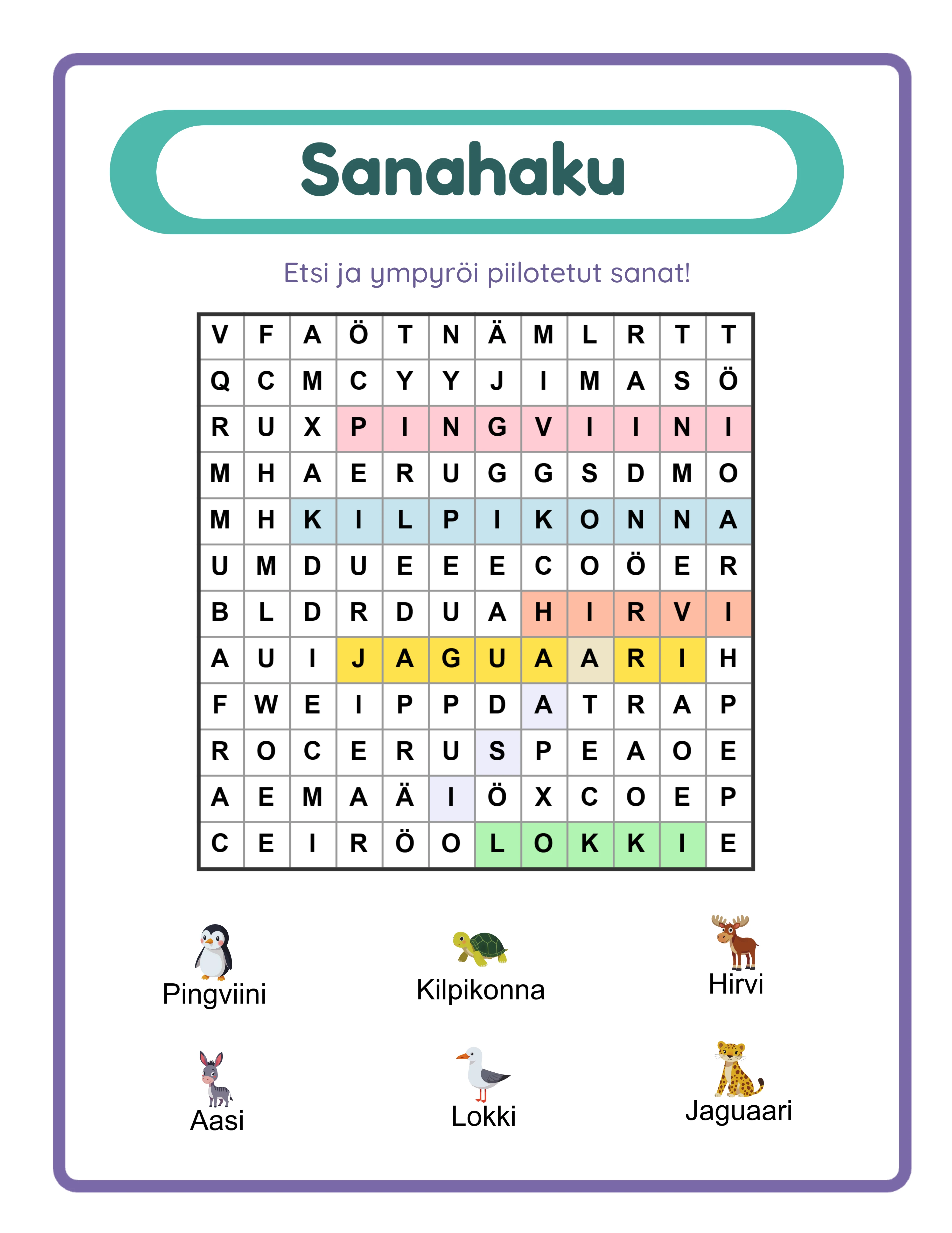 Word search printable answer key