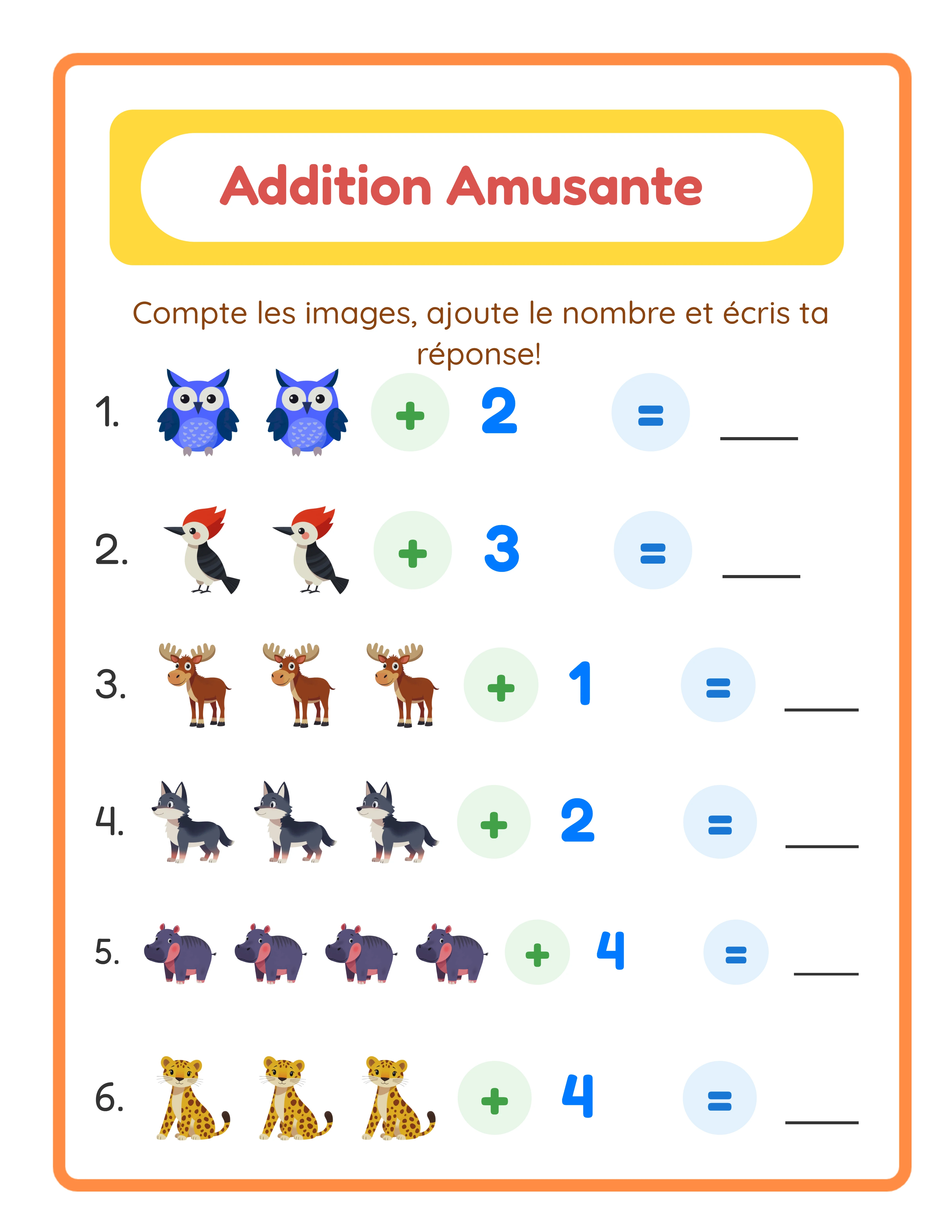 Fiche d'addition avec images thématiques — niveau intermédiaire