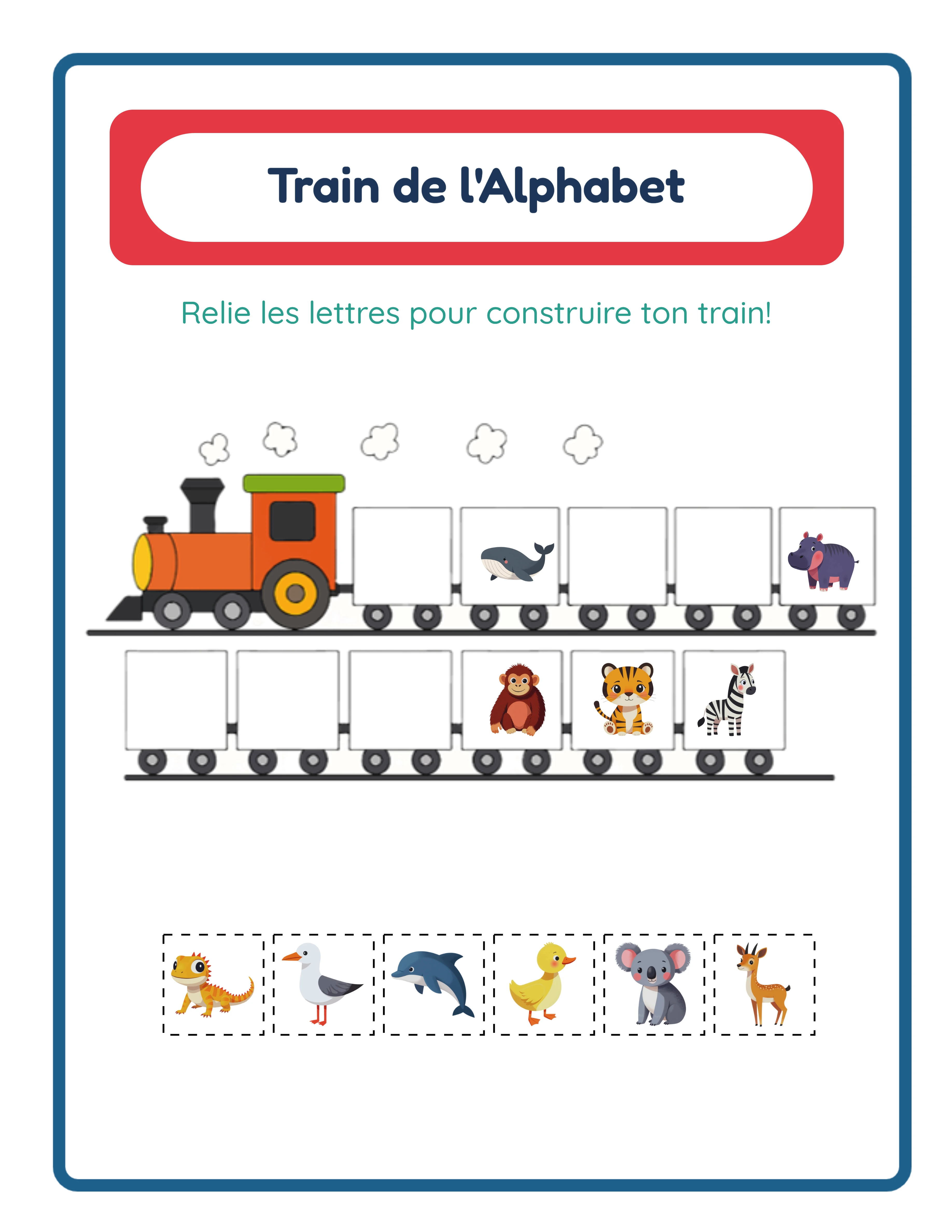 Fiche de train de l'alphabet montrant des jeux de lettres spécifiques à la langue