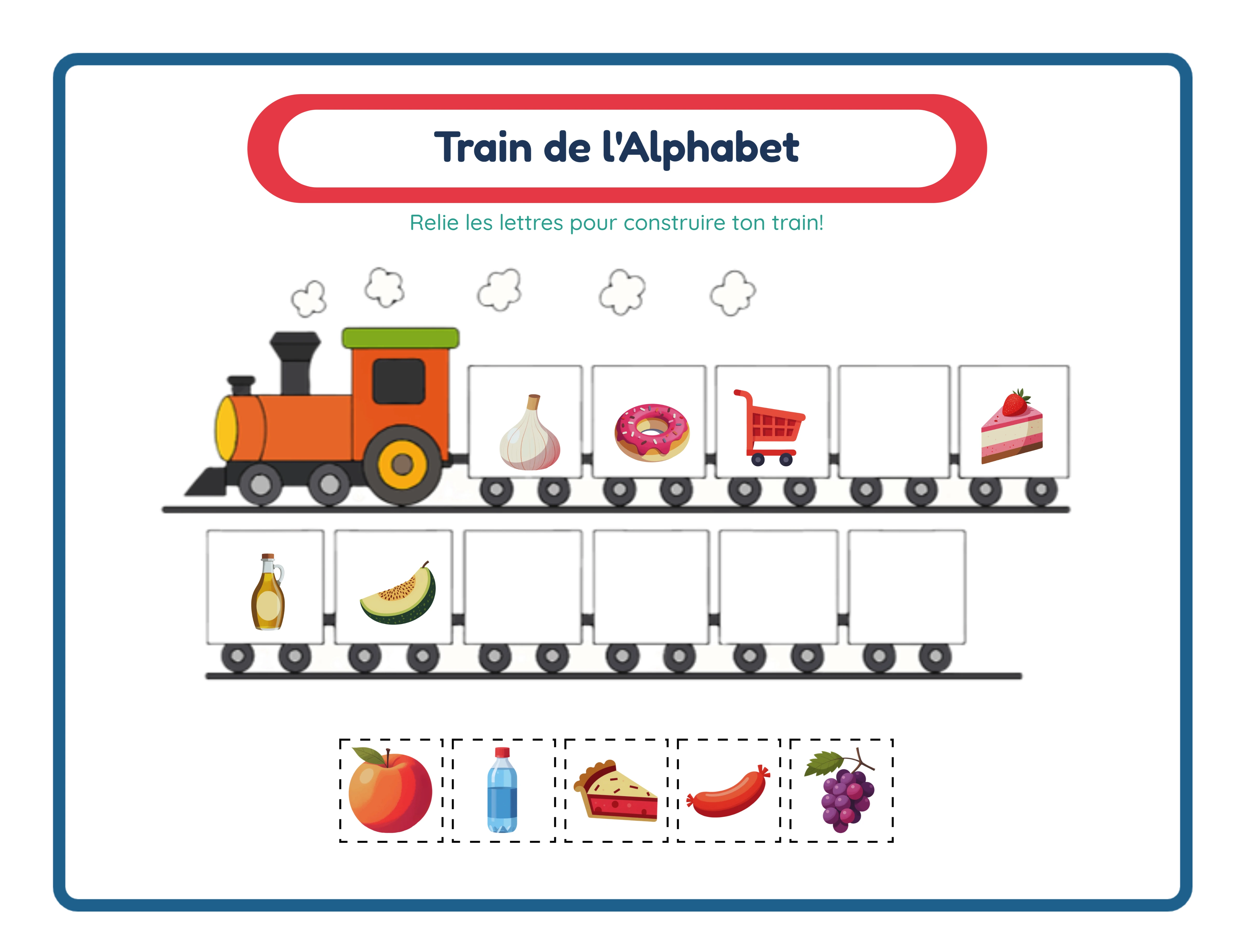 Fiche train de l'alphabet en vedette — activité colorée de lettres