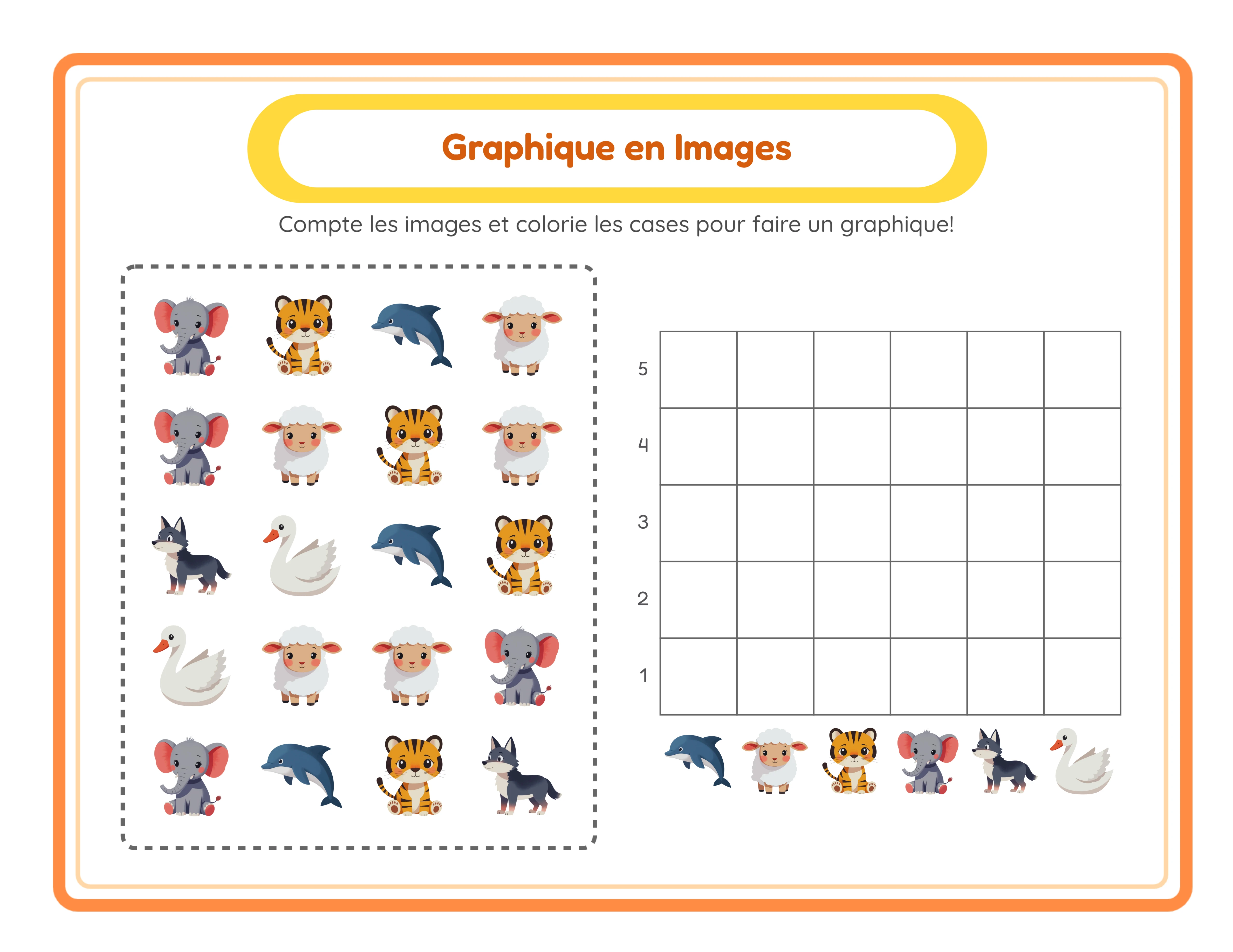 Fiche graphique à images avec grille 4×5 d'images dispersées montrant 20 icônes de 6 types et diagramme à barres vide pour compter et représenter les données