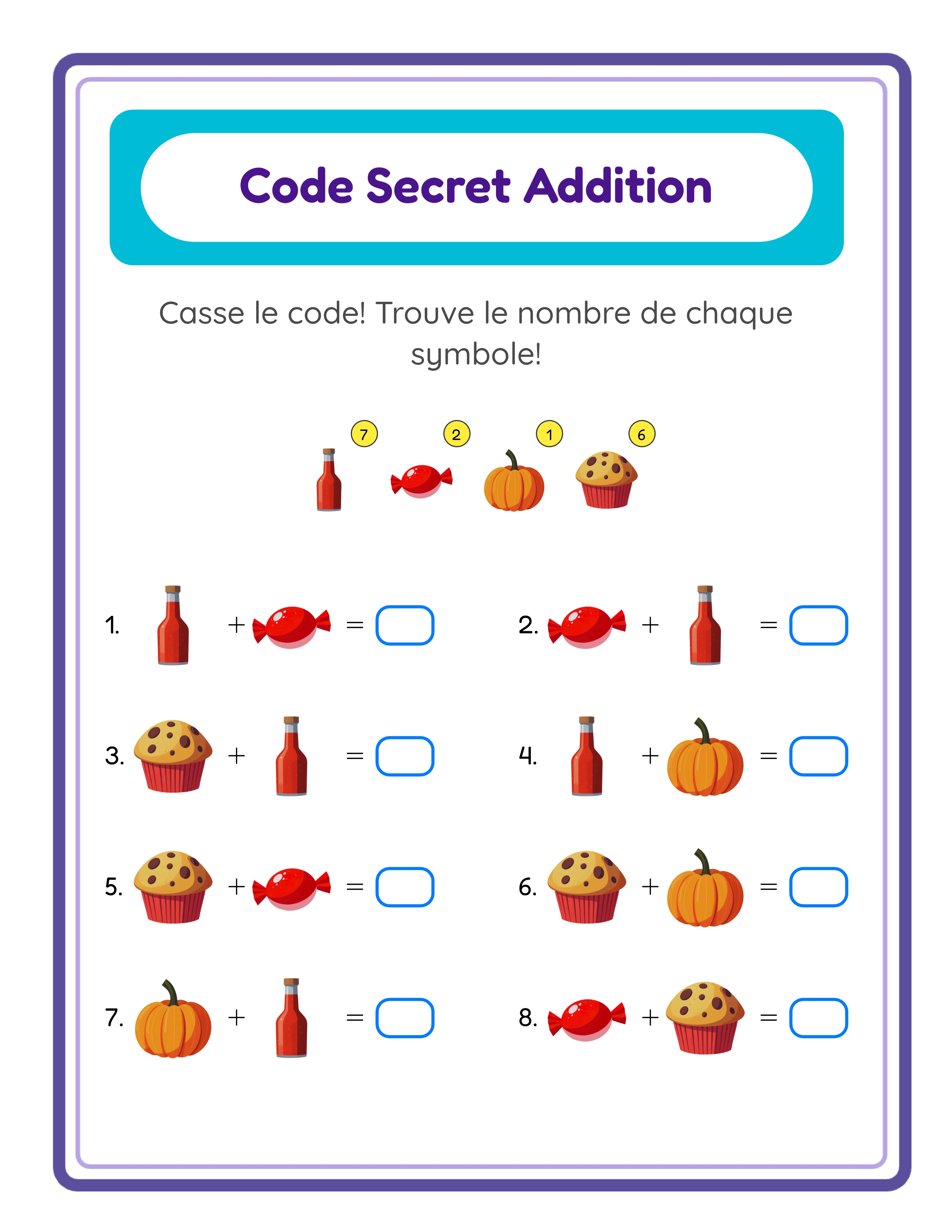 Fiche code-addition — puzzle message secret
