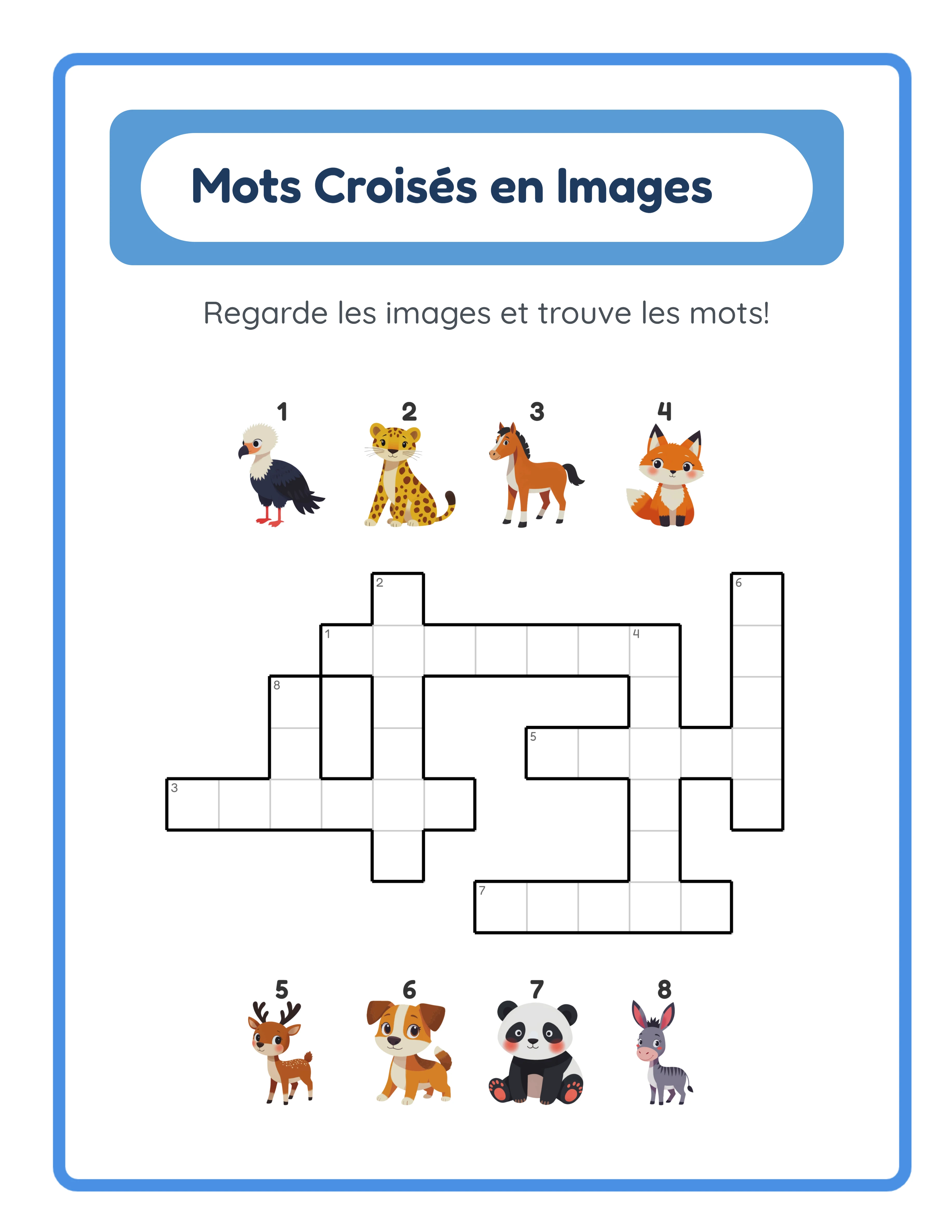 Puzzle de mots croisés en images avec un thème différent et des mots variés dans la grille