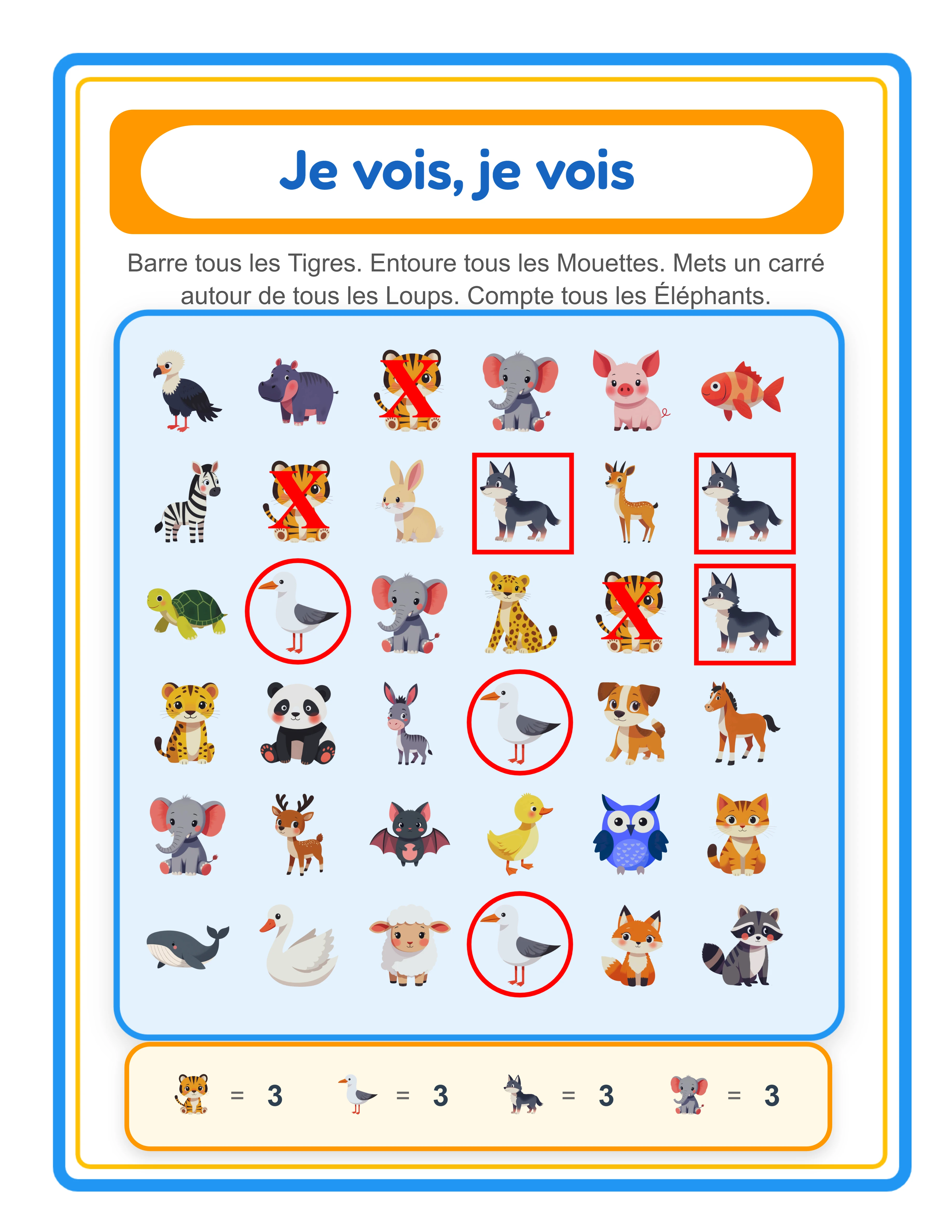 Corrigé cherche et compte avec annotations rouges cercle carré et croix sur les objets corrects et affichages de quantités