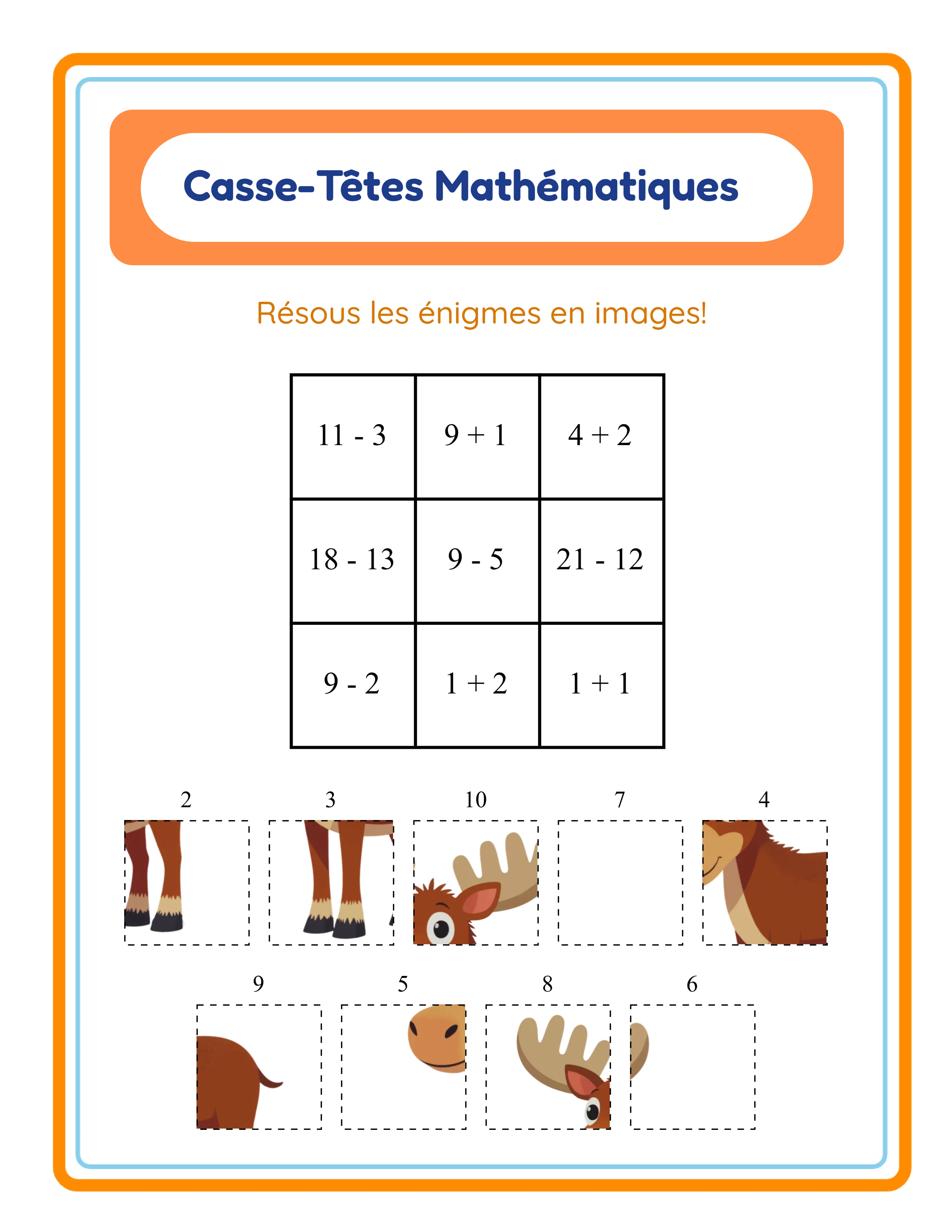Fiche de puzzle maths avec grille 2×3 en soustraction et thème nature