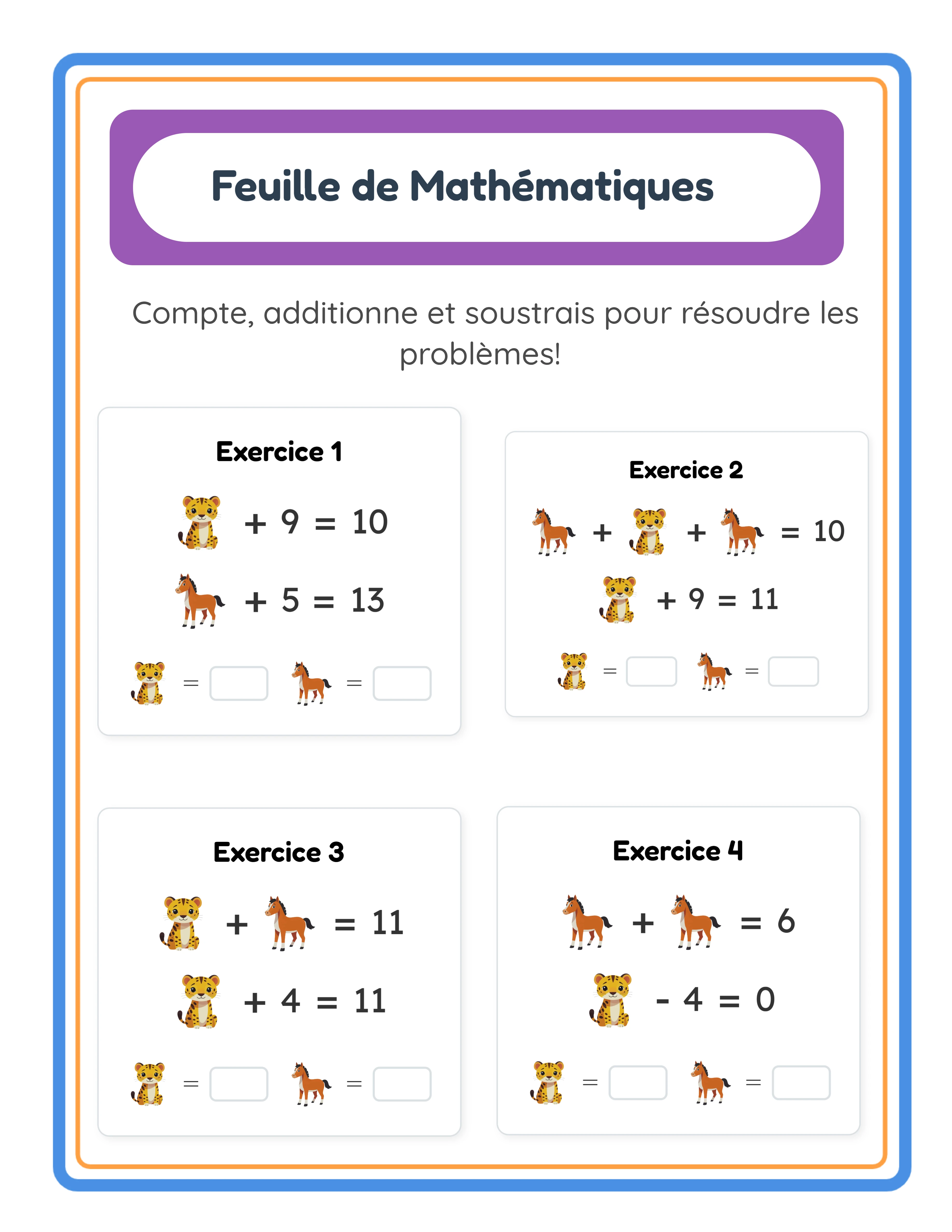 Puzzle algébrique illustré de difficulté Moyen avec trois variables-images dans des équations liées