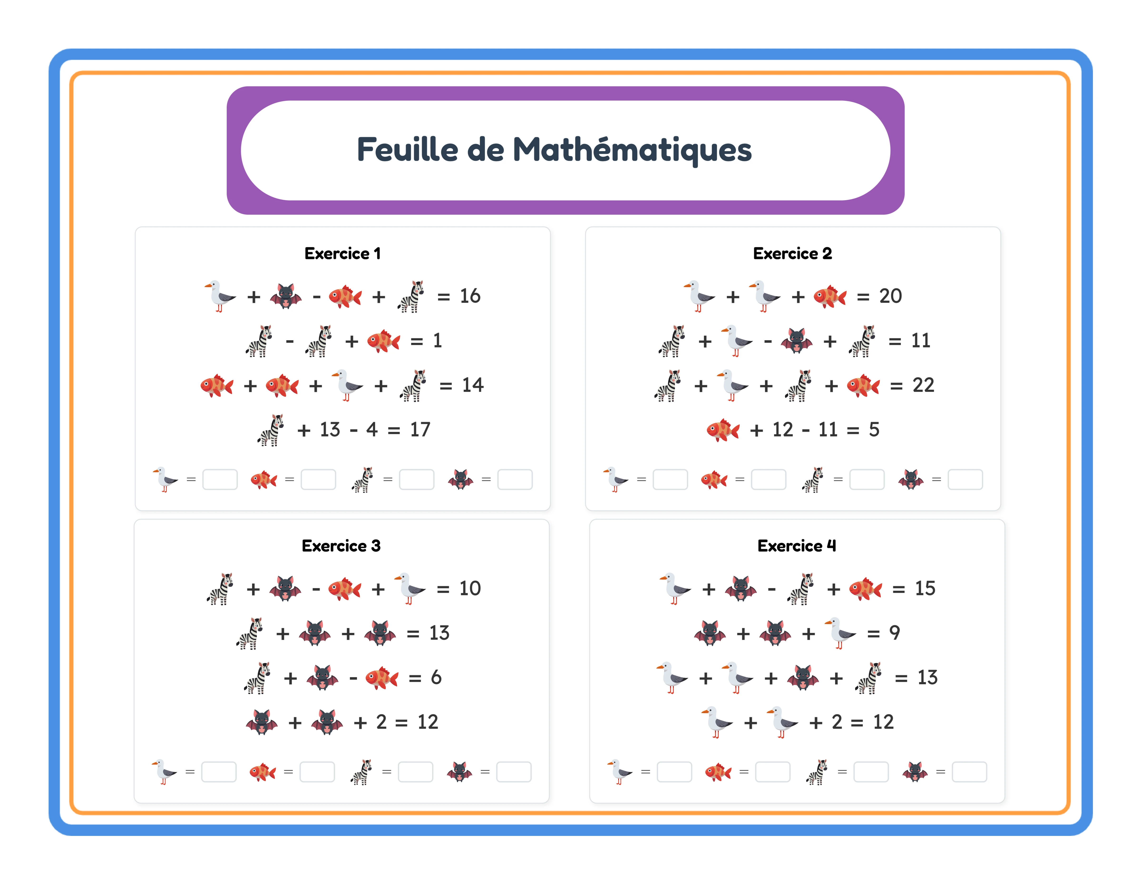 Fiche de puzzle algébrique Difficile avec quatre inconnues simultanées et opérations mixtes