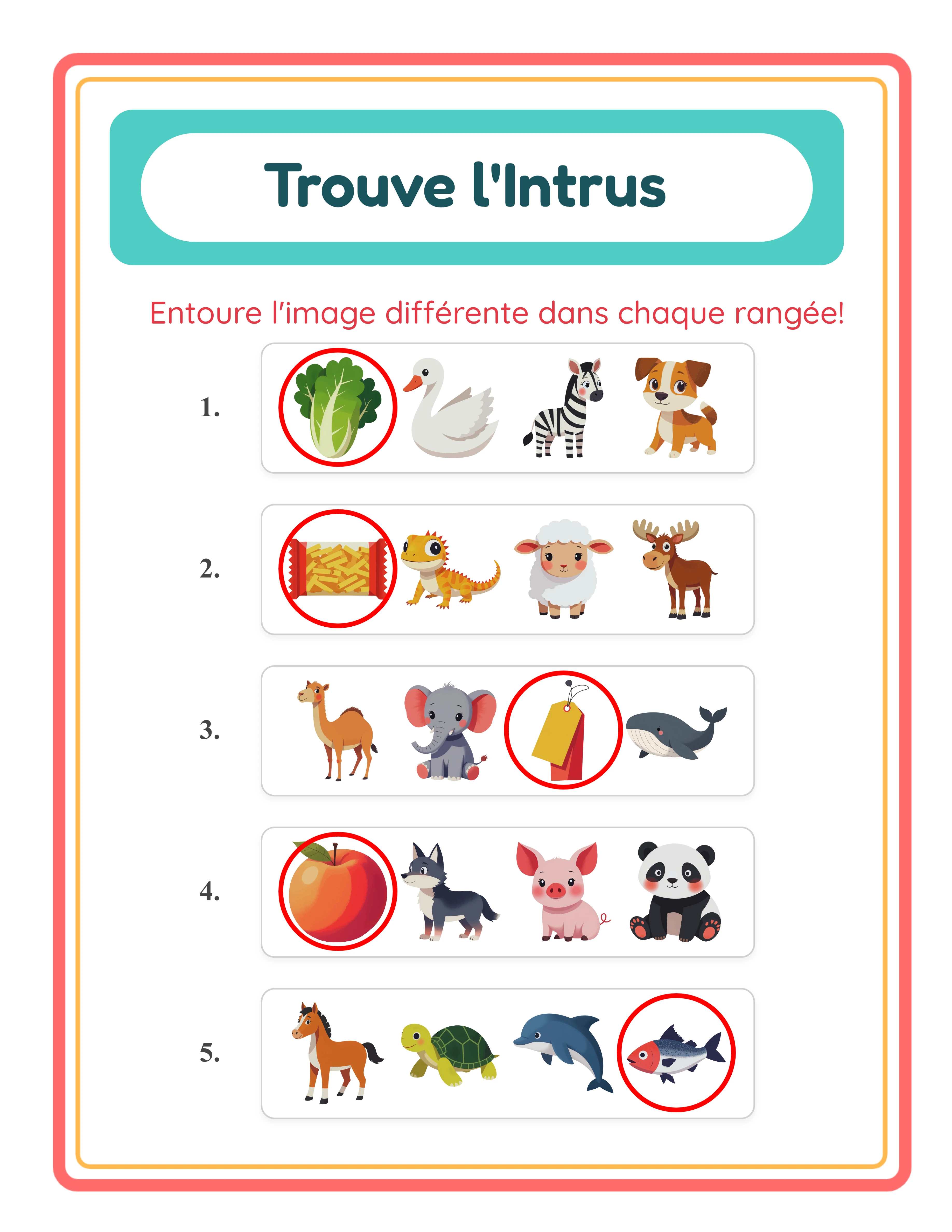 Corrigé intrus avec des cercles rouges dessinés autour de l'élément intrus dans chaque rangée d'exercice