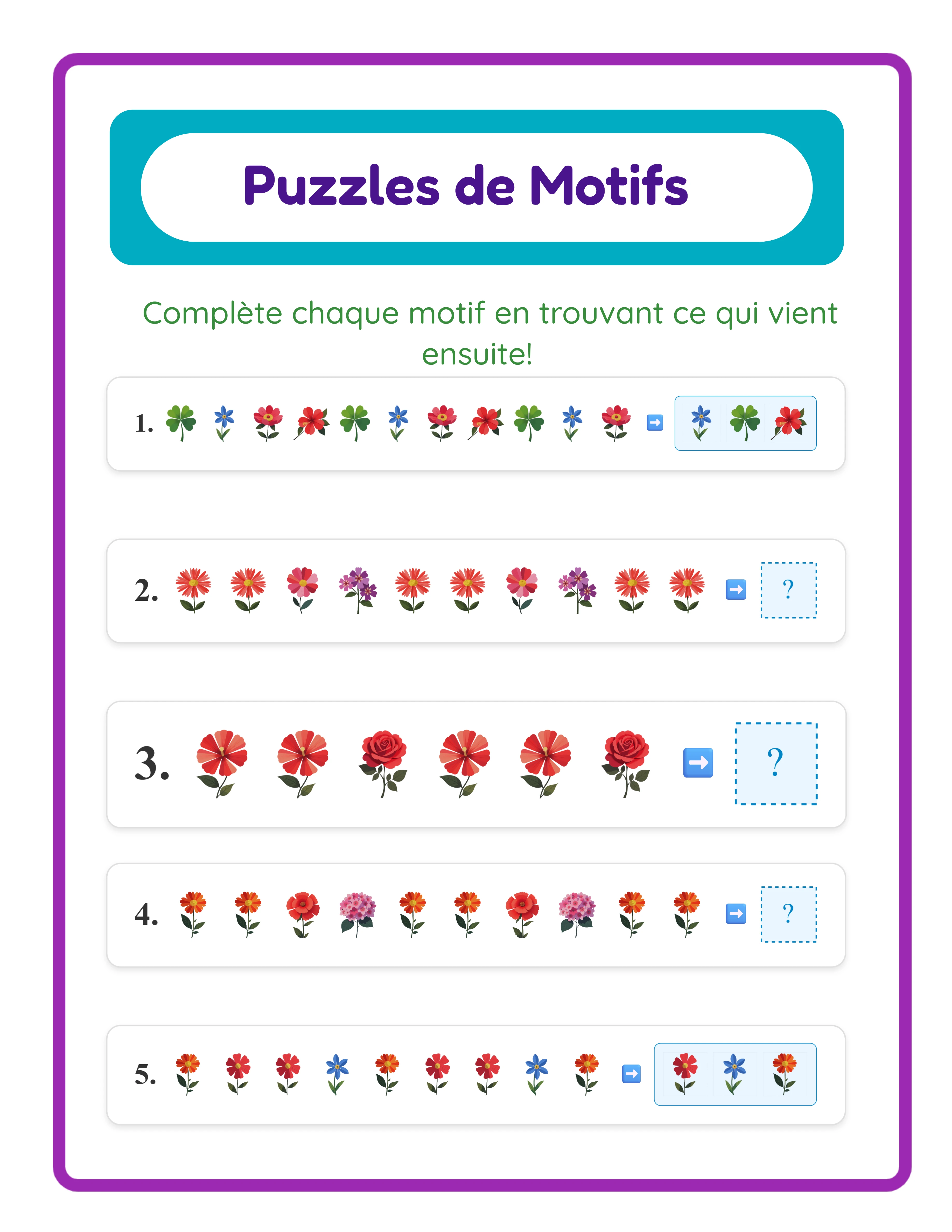 Reconnaître et continuer les motifs — Fiche exemple 3