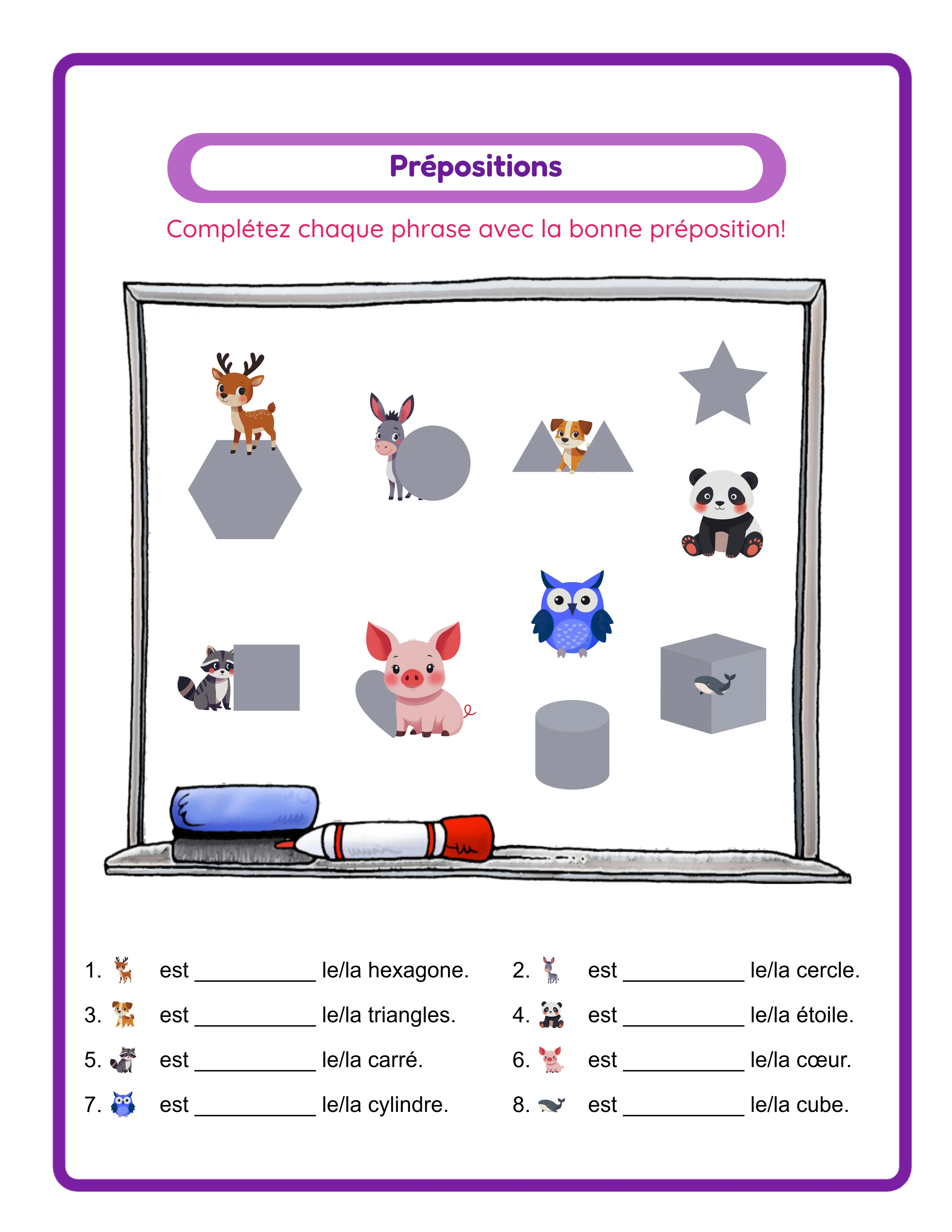 Fiche texte à trous de prépositions avec thème animaux et formes géométriques