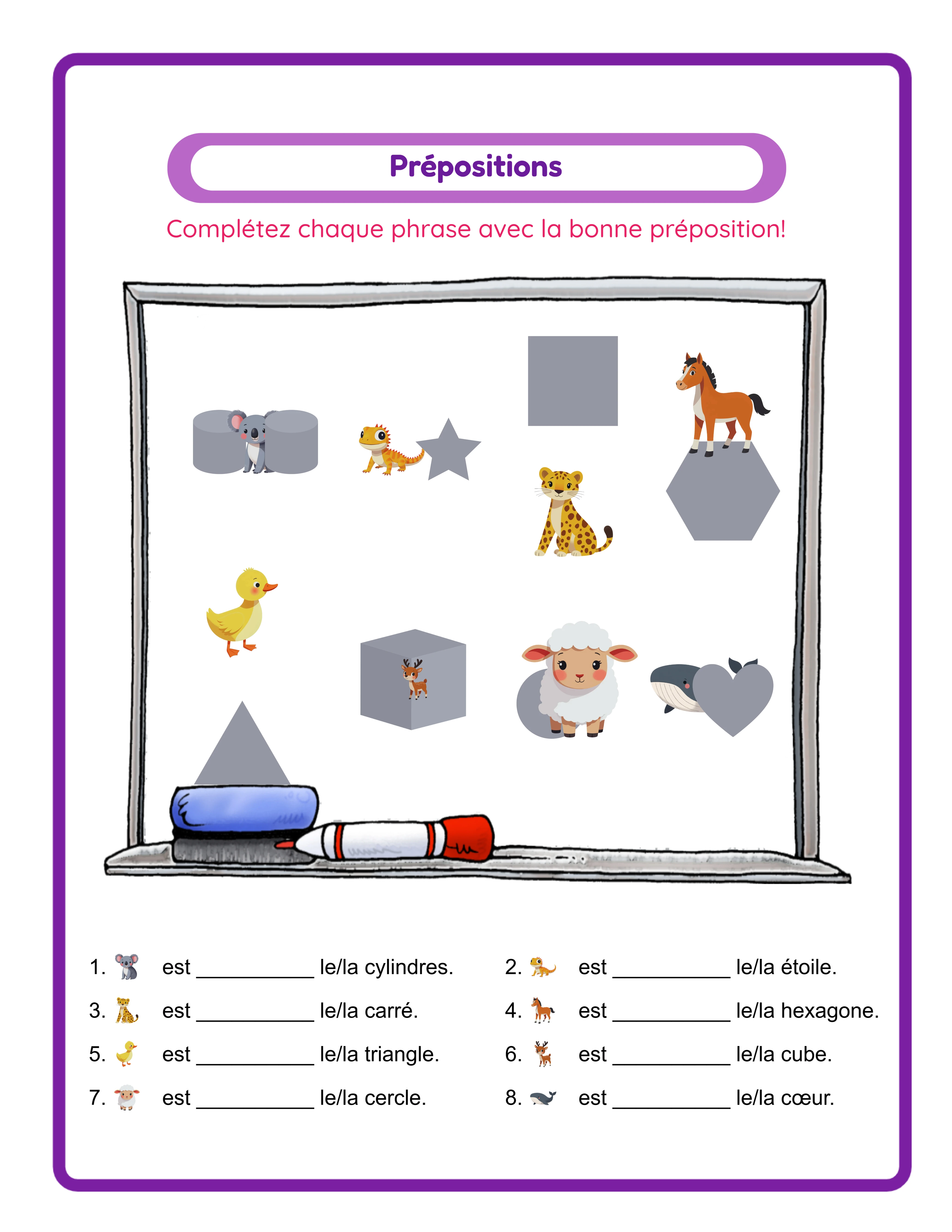 Fiche choix multiple de prépositions avec thème véhicules montrant des descriptions spatiales