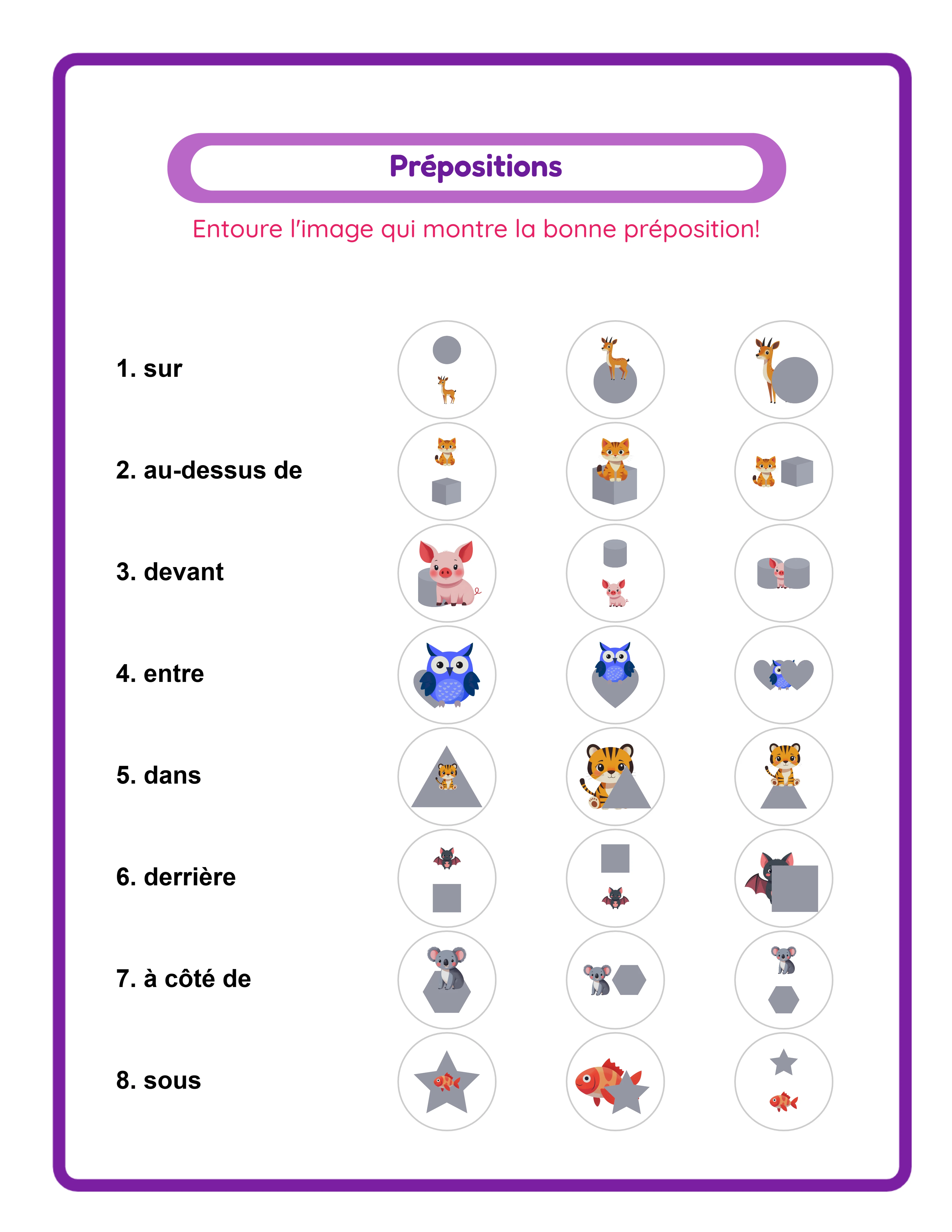 Fiche de prépositions complète avec les huit prépositions spatiales et corrigé