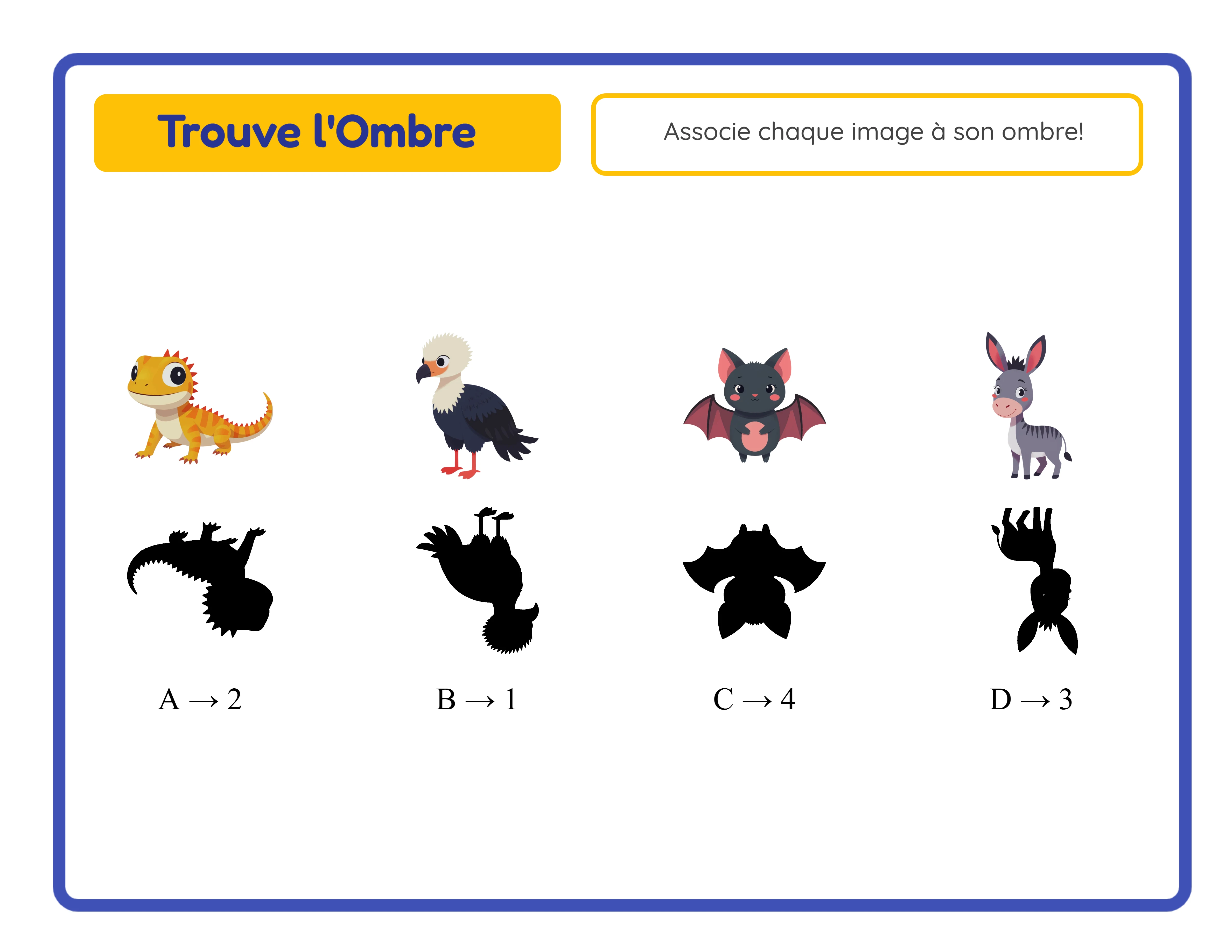 Corrigé de discrimination visuelle montrant les images originales avec silhouettes et étiquettes de correspondance lettre-numéro correctes
