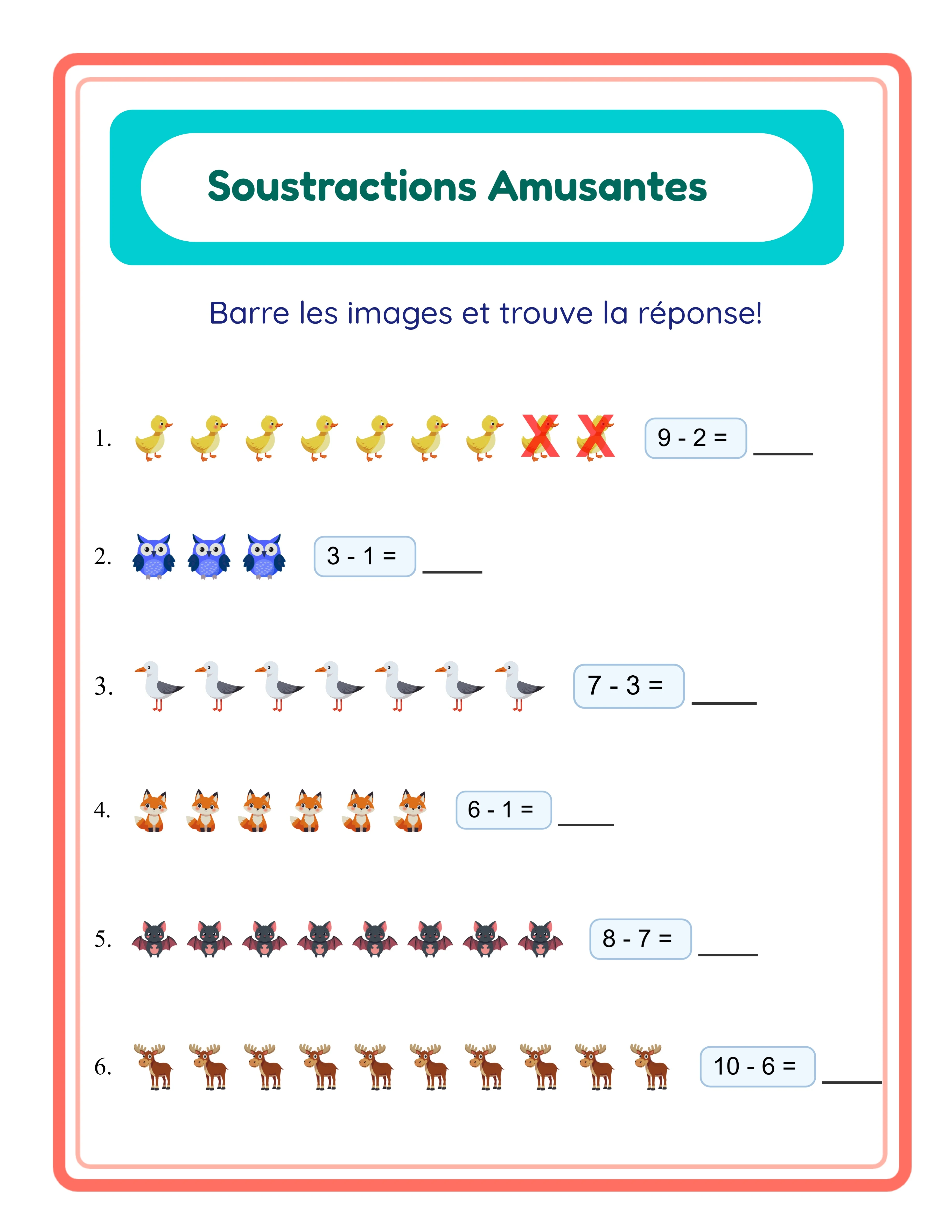 Fiche de soustraction — trouver le terme manquant avec images
