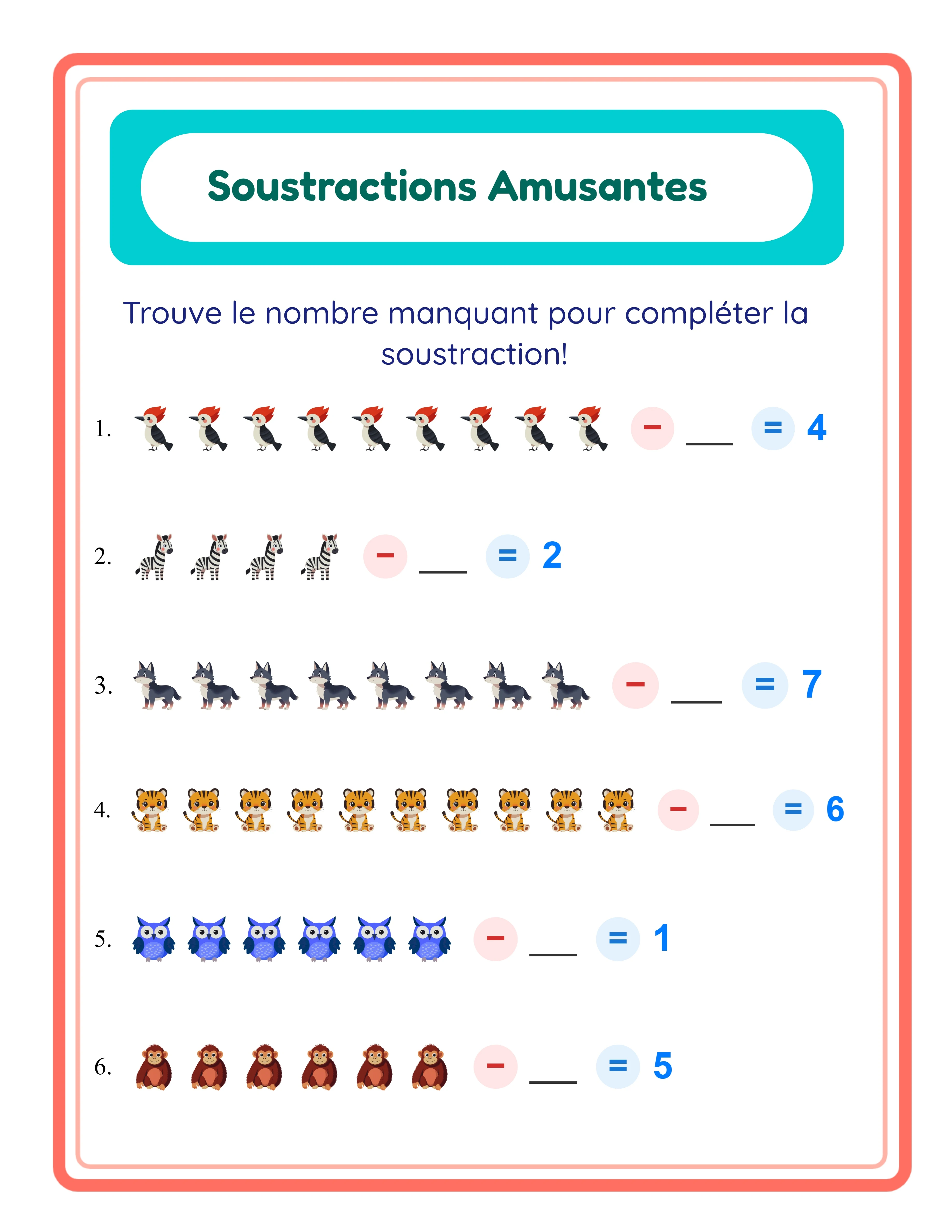 Fiche de soustraction — problèmes mixtes avec visuels thématiques