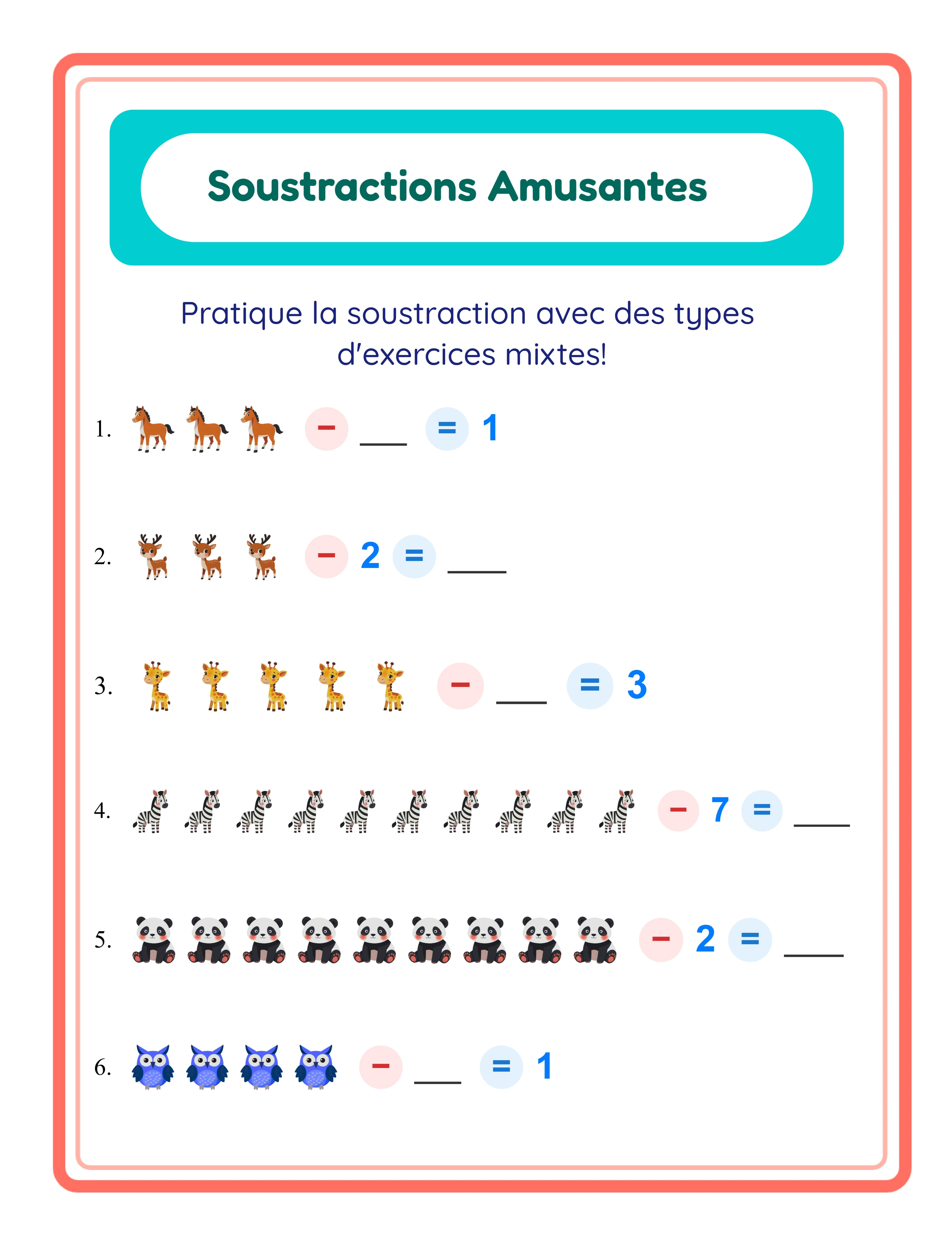 Fiche de soustraction en vedette — images thématiques colorées