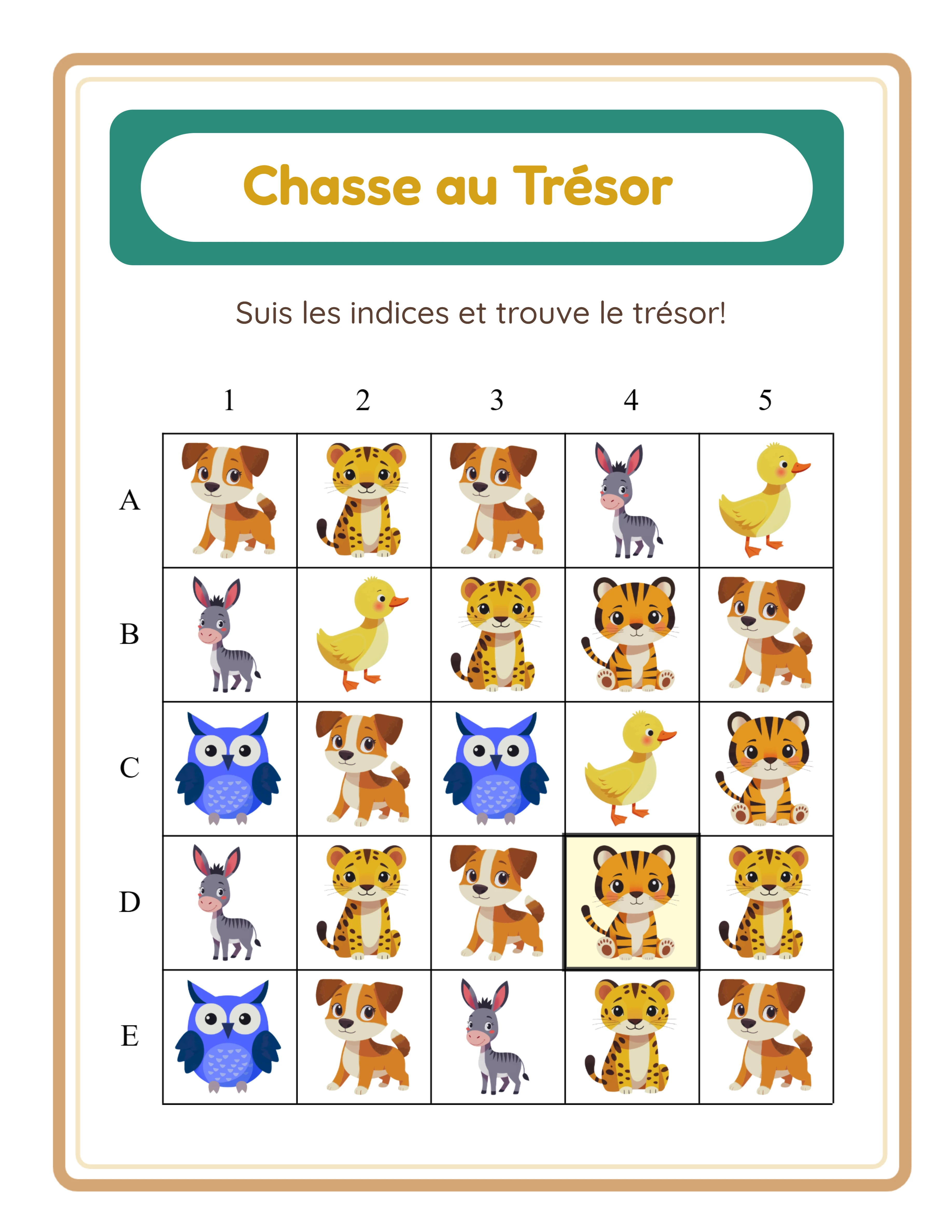 Corrigé chasse au trésor avec la case du trésor mise en surbrillance jaune pâle sur la grille de coordonnées