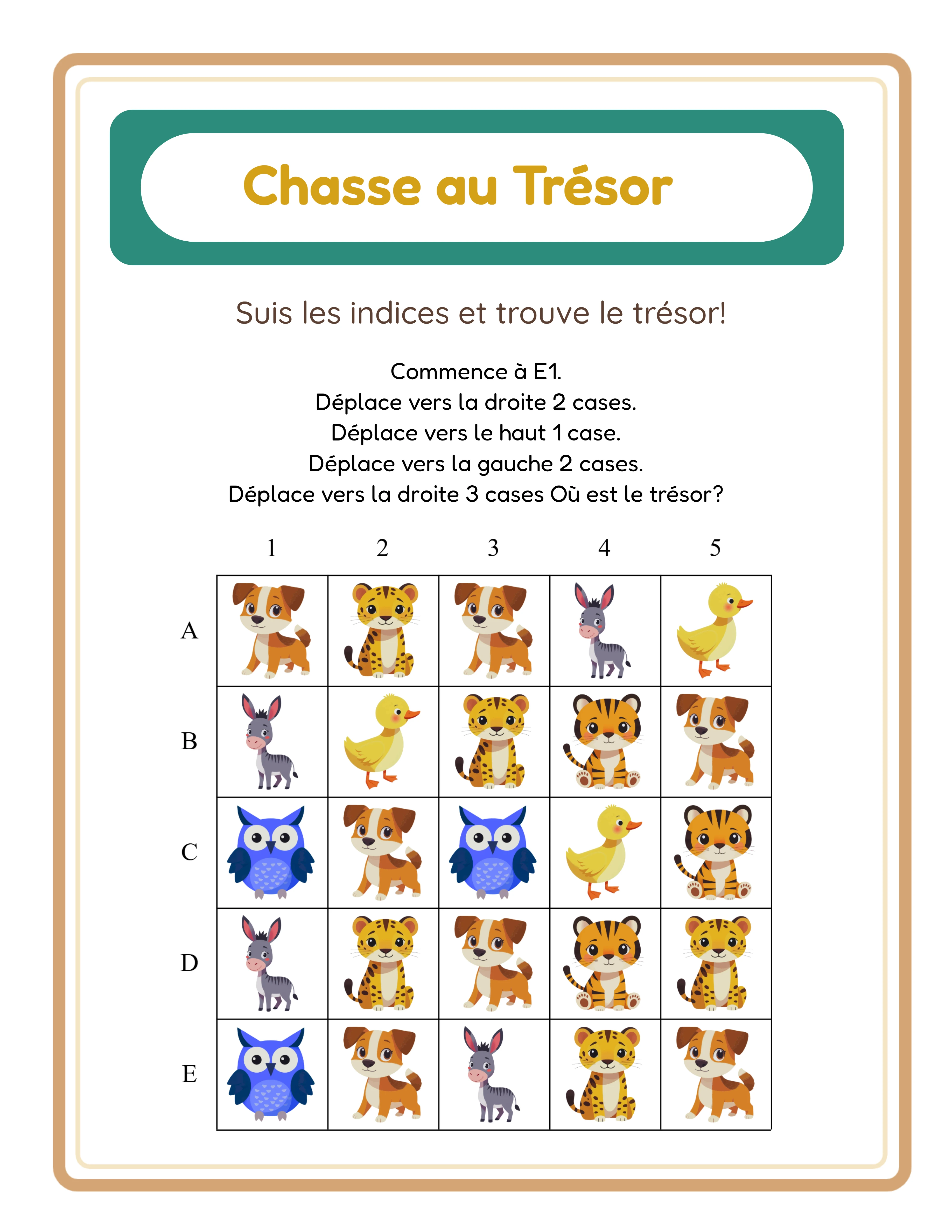 Puzzle chasse au trésor avec 6 images thématiques sur une grille 5×5 et indices en directions simples