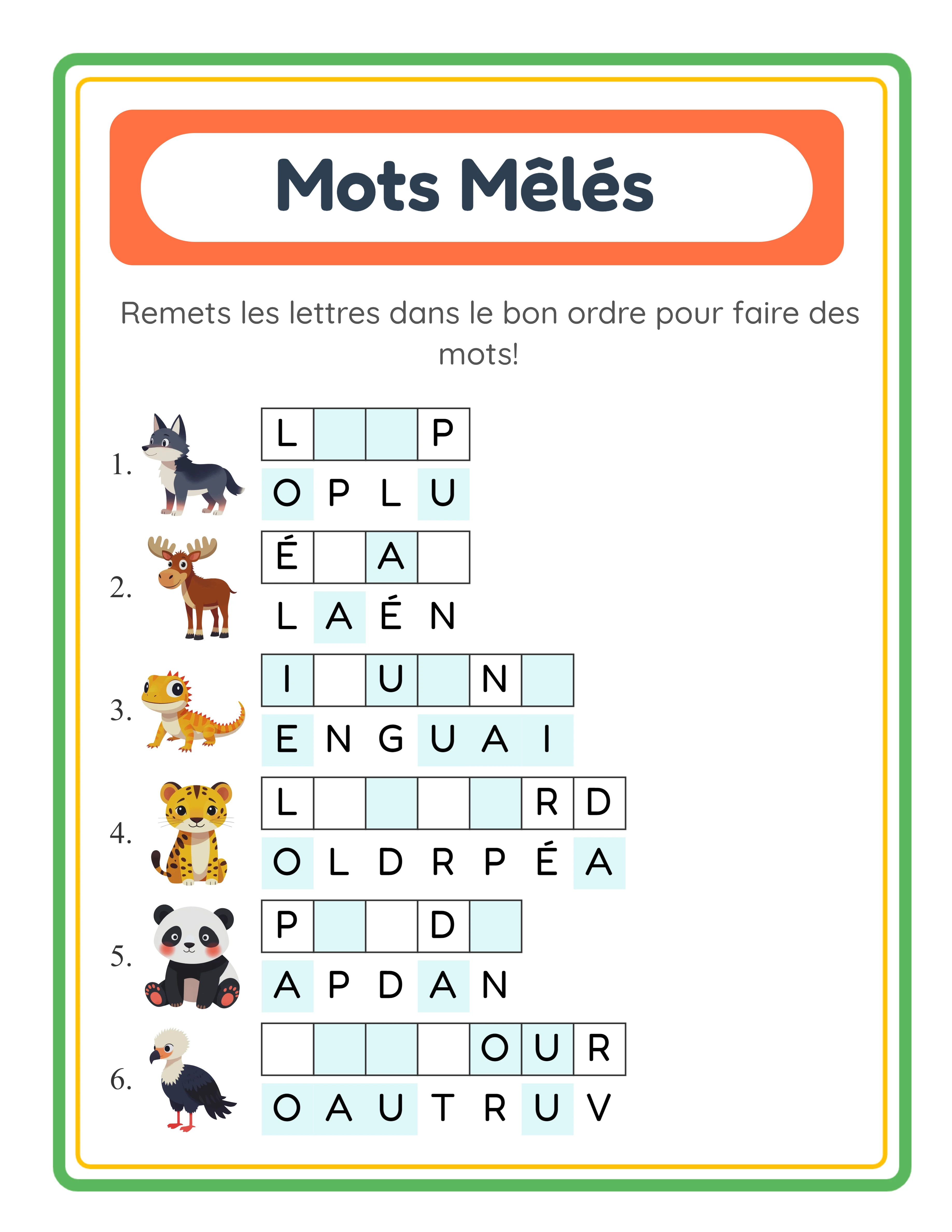 Fiche de mots mêlés avec vocabulaire adapté à la langue