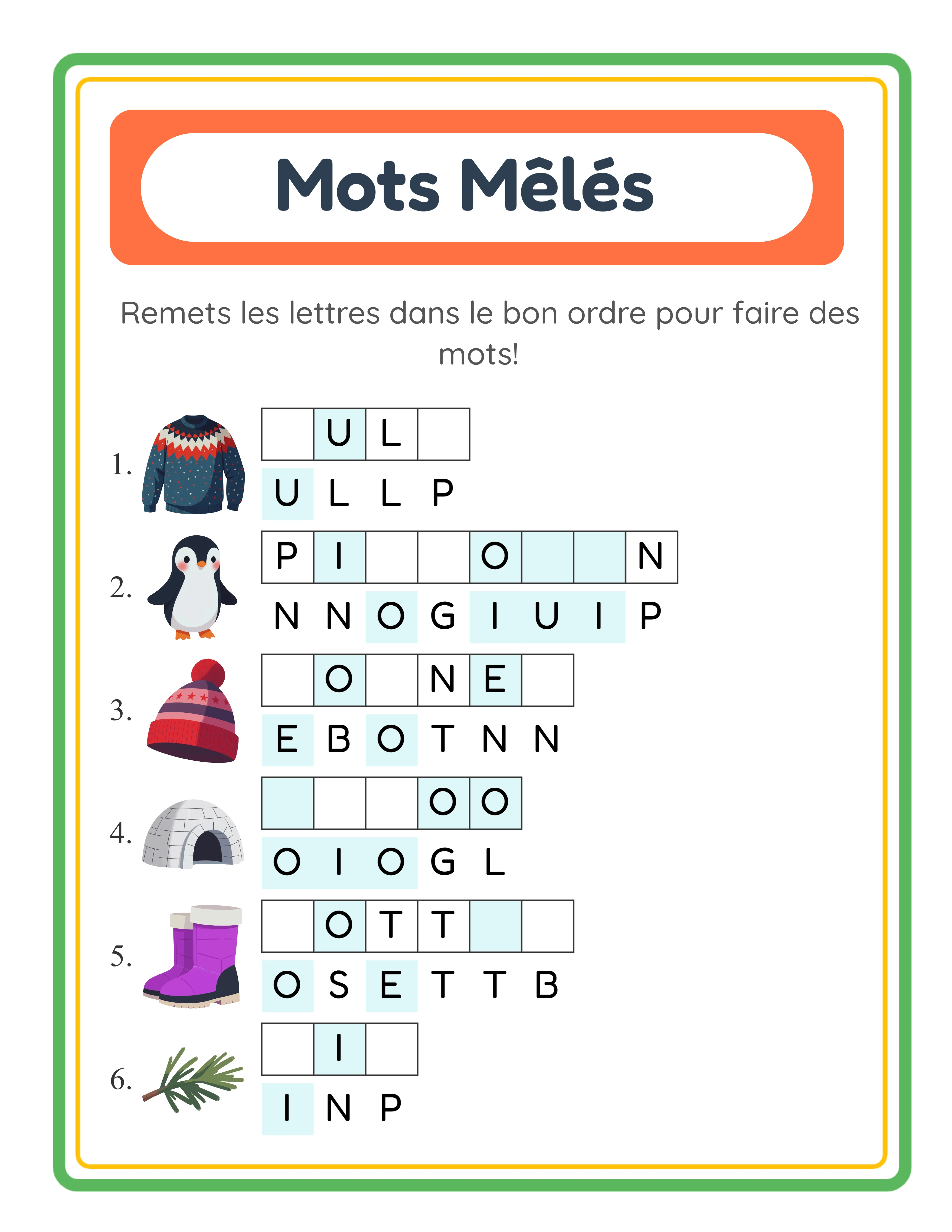Corrigé mots mélangés avec toutes les lettres correctement reconstituées