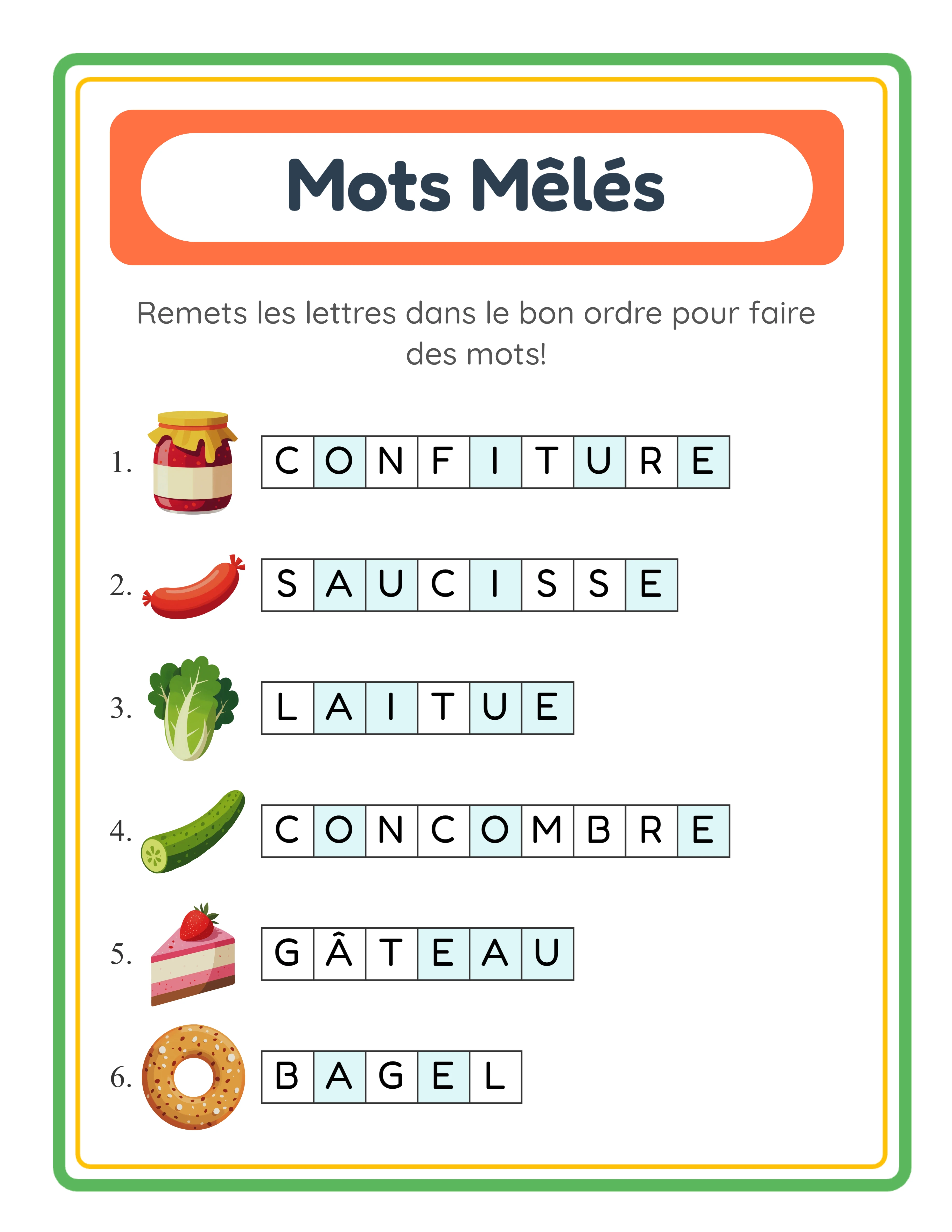 Mots mélangés — puzzles de lettres thématiques