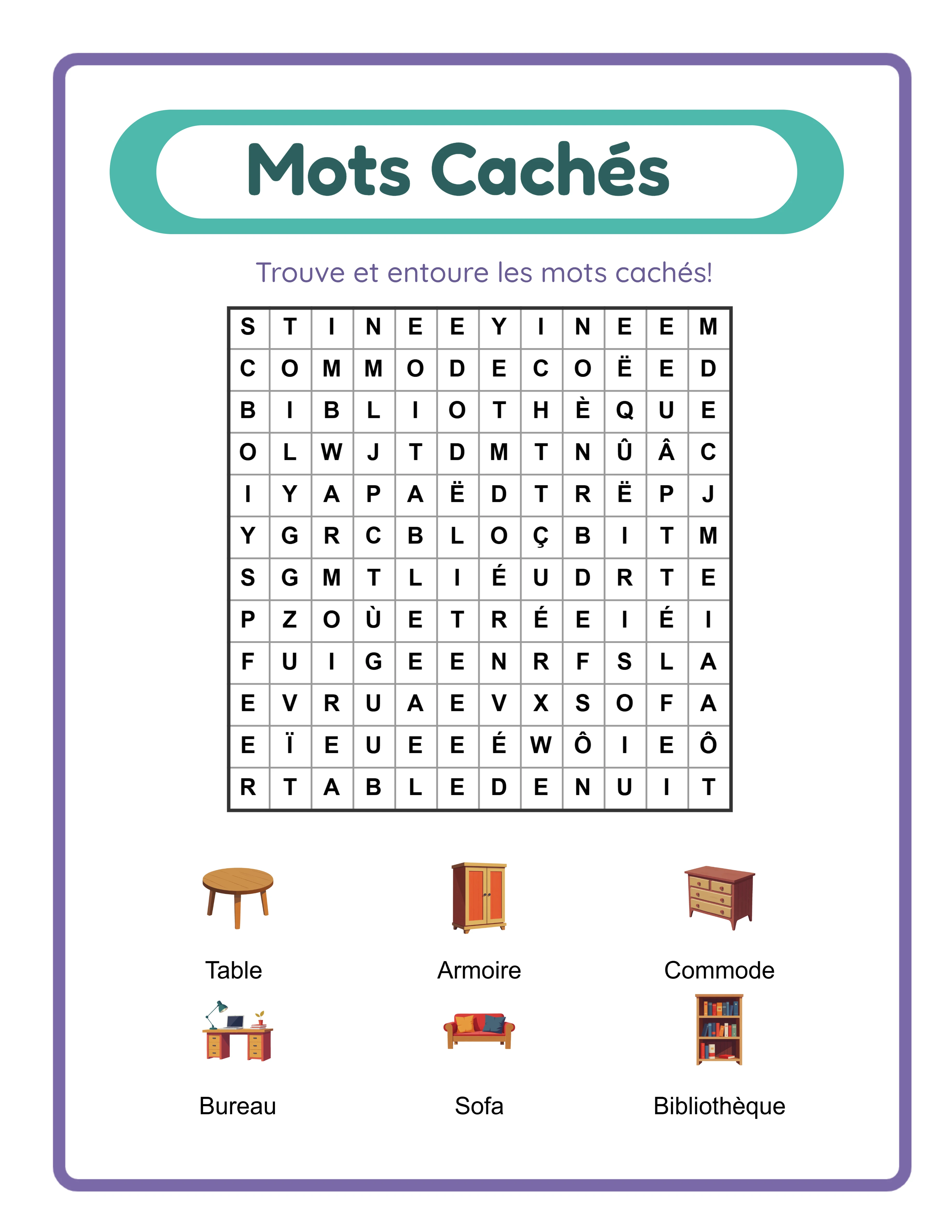 Fiche mots cachés utilisant le mode liste de mots personnalisée sans images