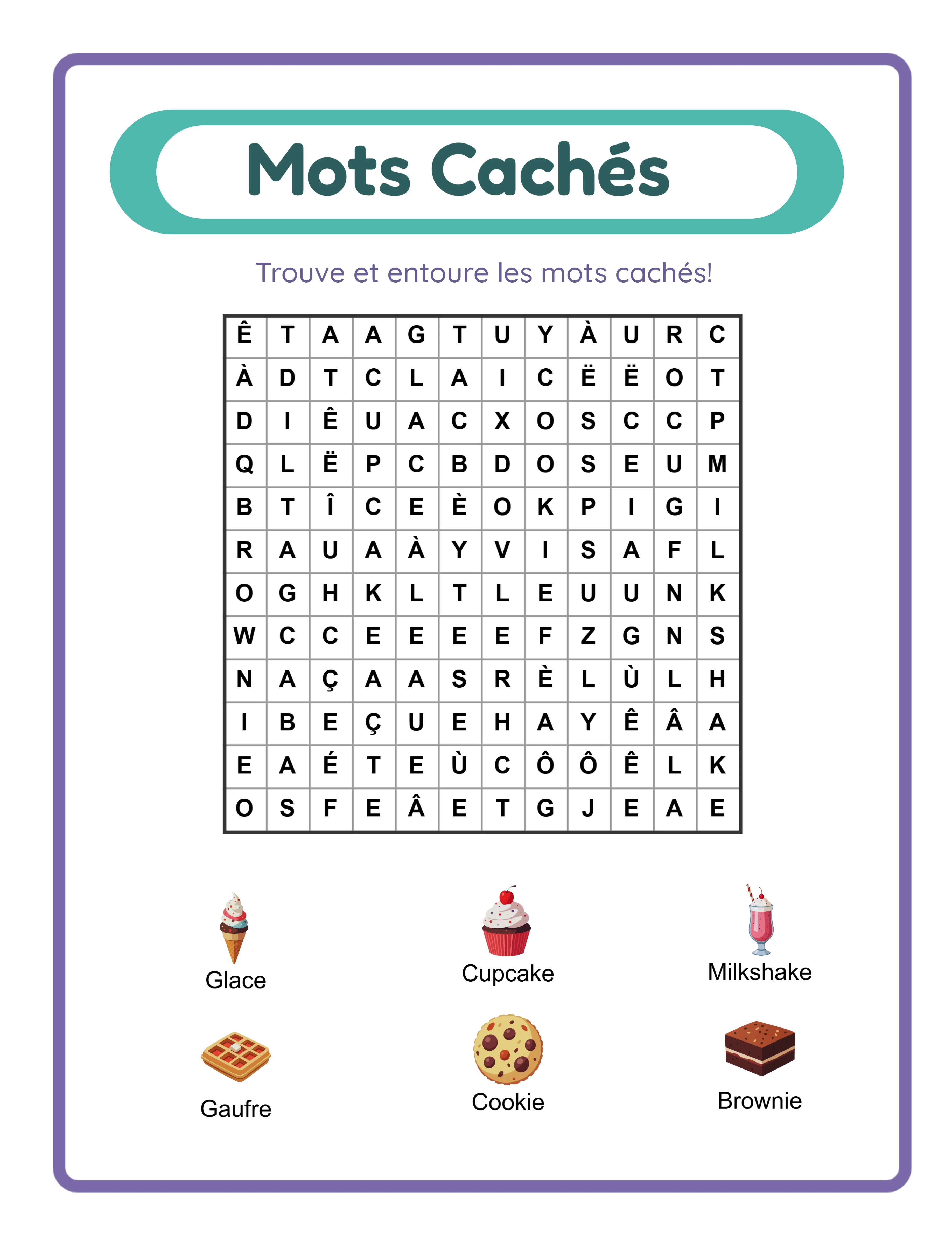 Fiche mots cachés en format paysage avec grille large et mots en diagonale activés