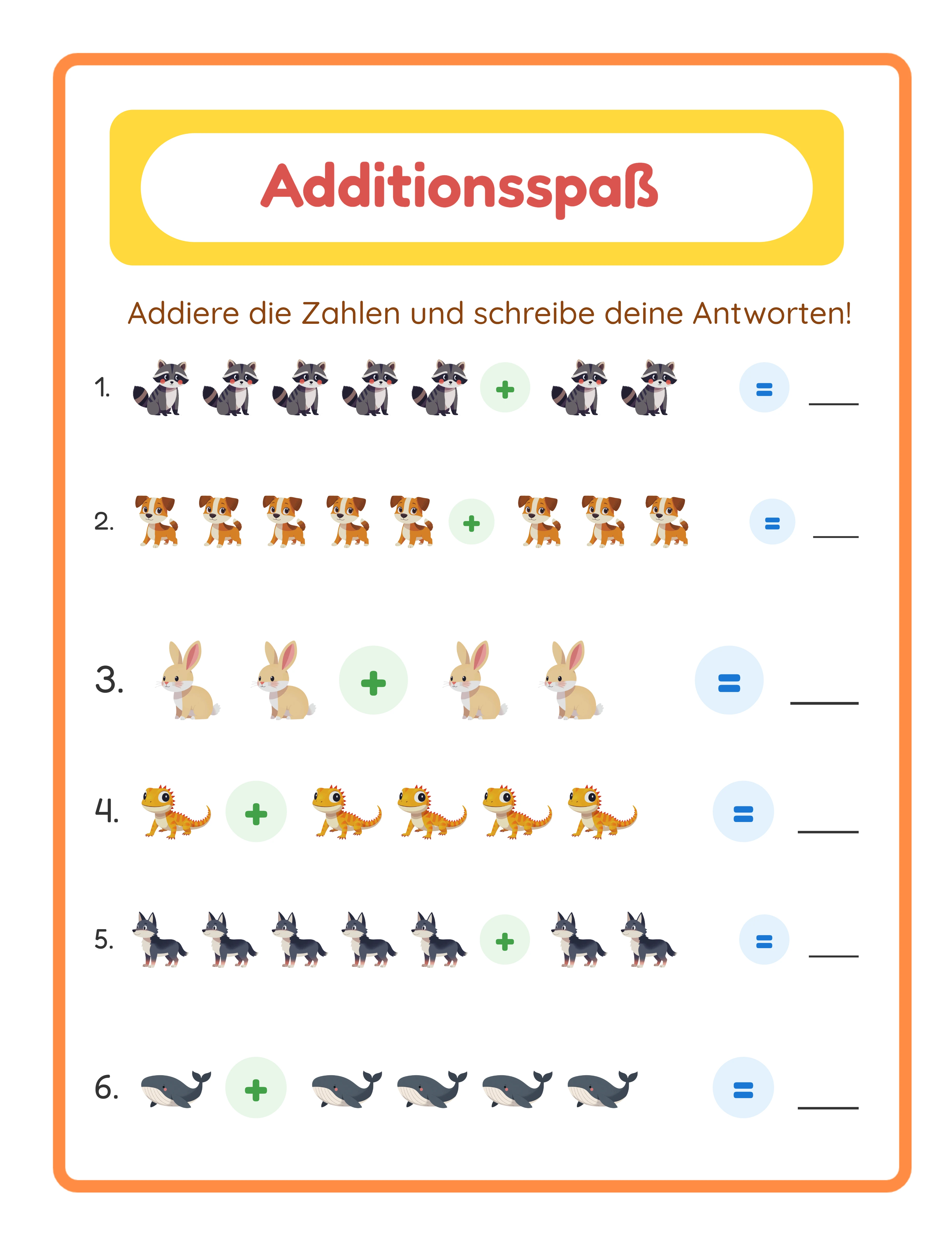 Additions-Arbeitsblatt mit bunten Tierbildern im Bild + Bild-Übungsmodus