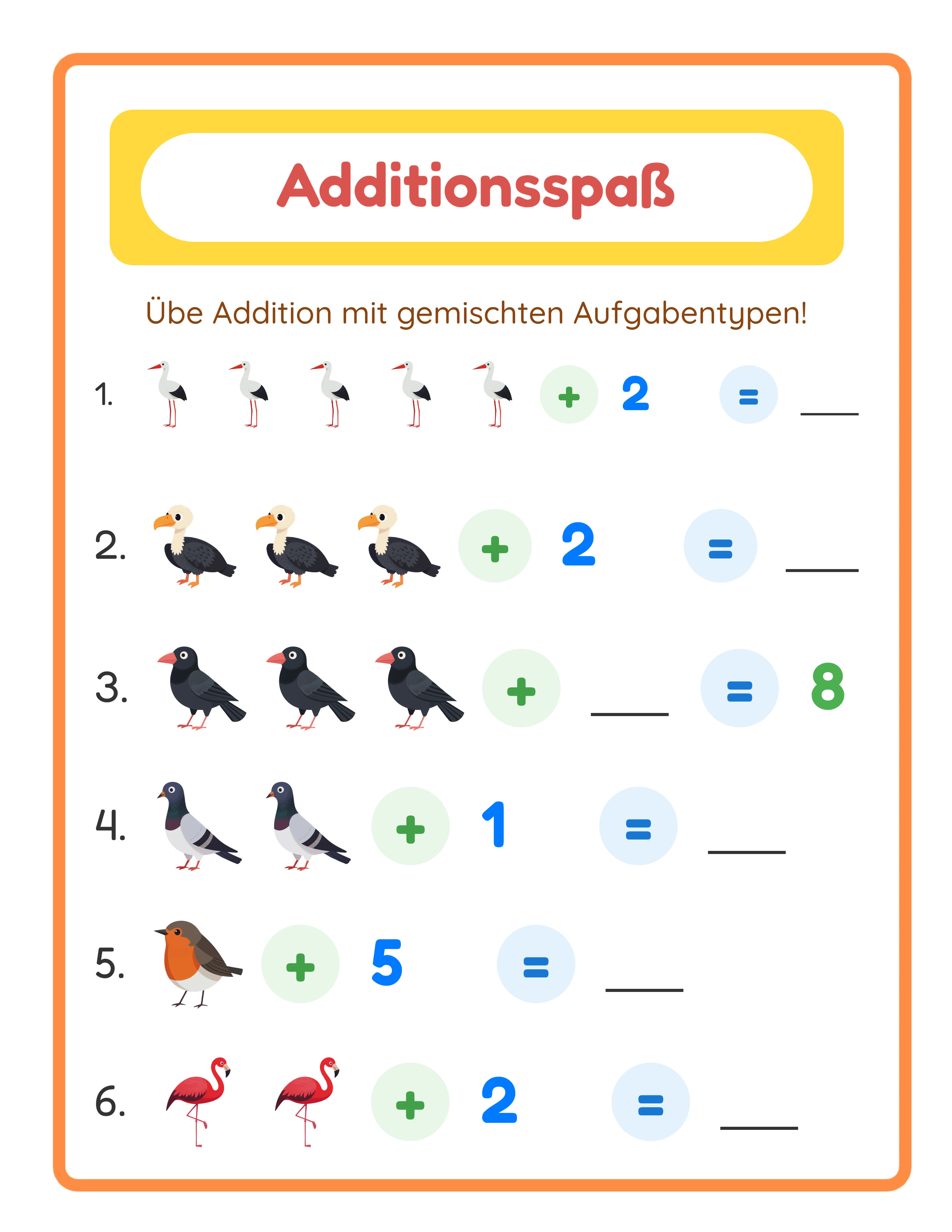 Professionelles Additions-Arbeitsblatt — übersichtliches Layout mit Themenbildern