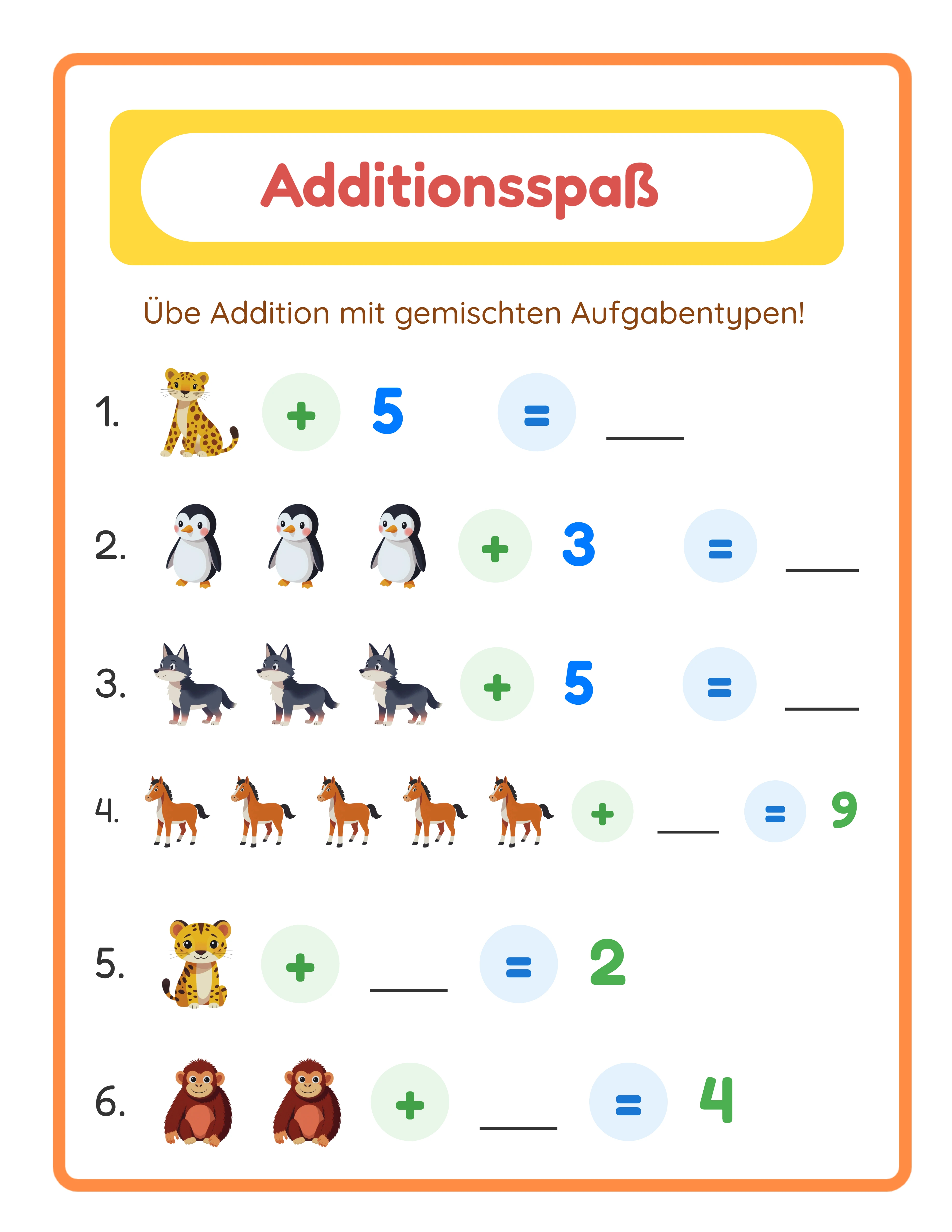 Hervorgehobenes Additions-Arbeitsblatt — bunte Themenbilder für fröhliches Mathe-Lernen