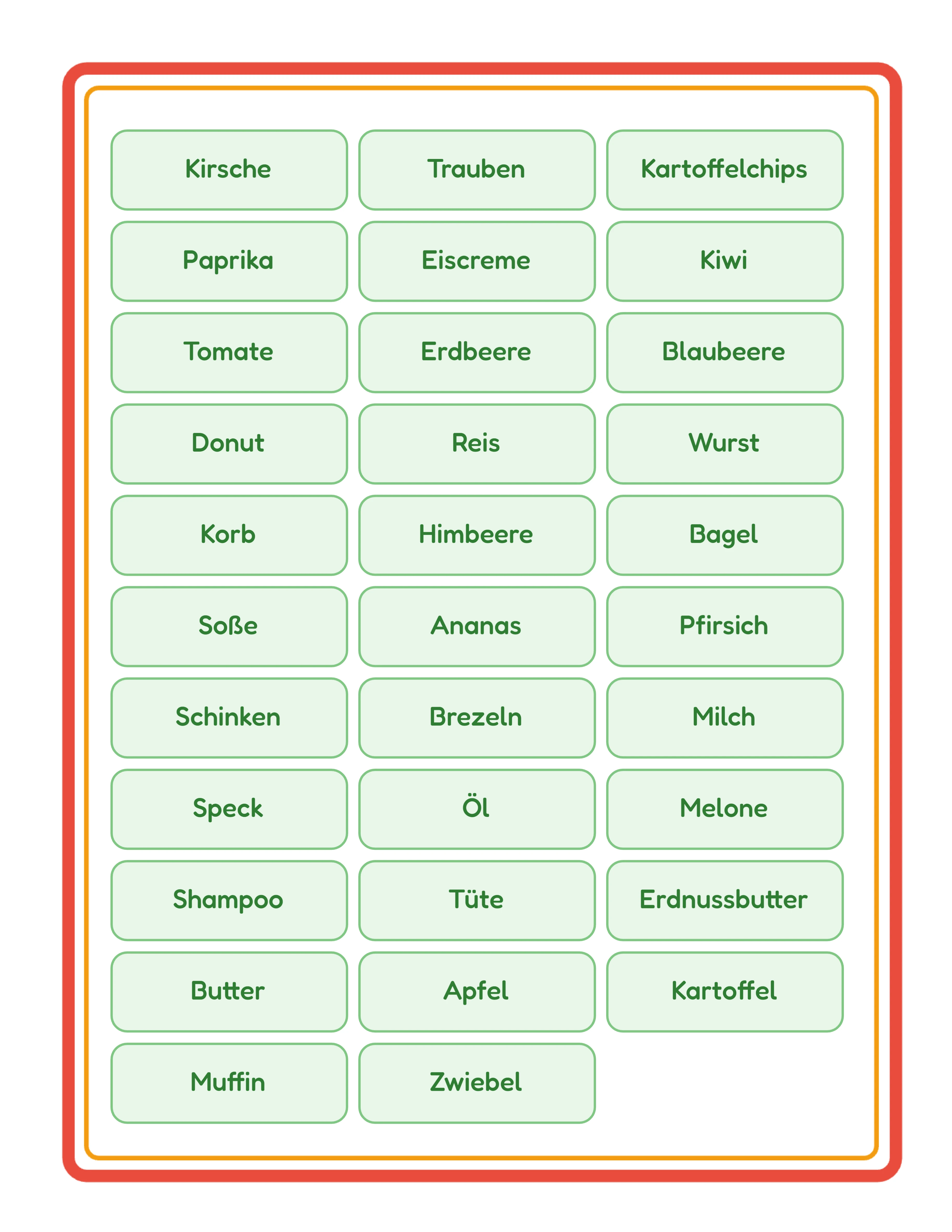 Bingo-Ansageblatt mit dynamischem Wortraster, das alle Spielelemente in Spalten geordnet für den Spielleiter zeigt