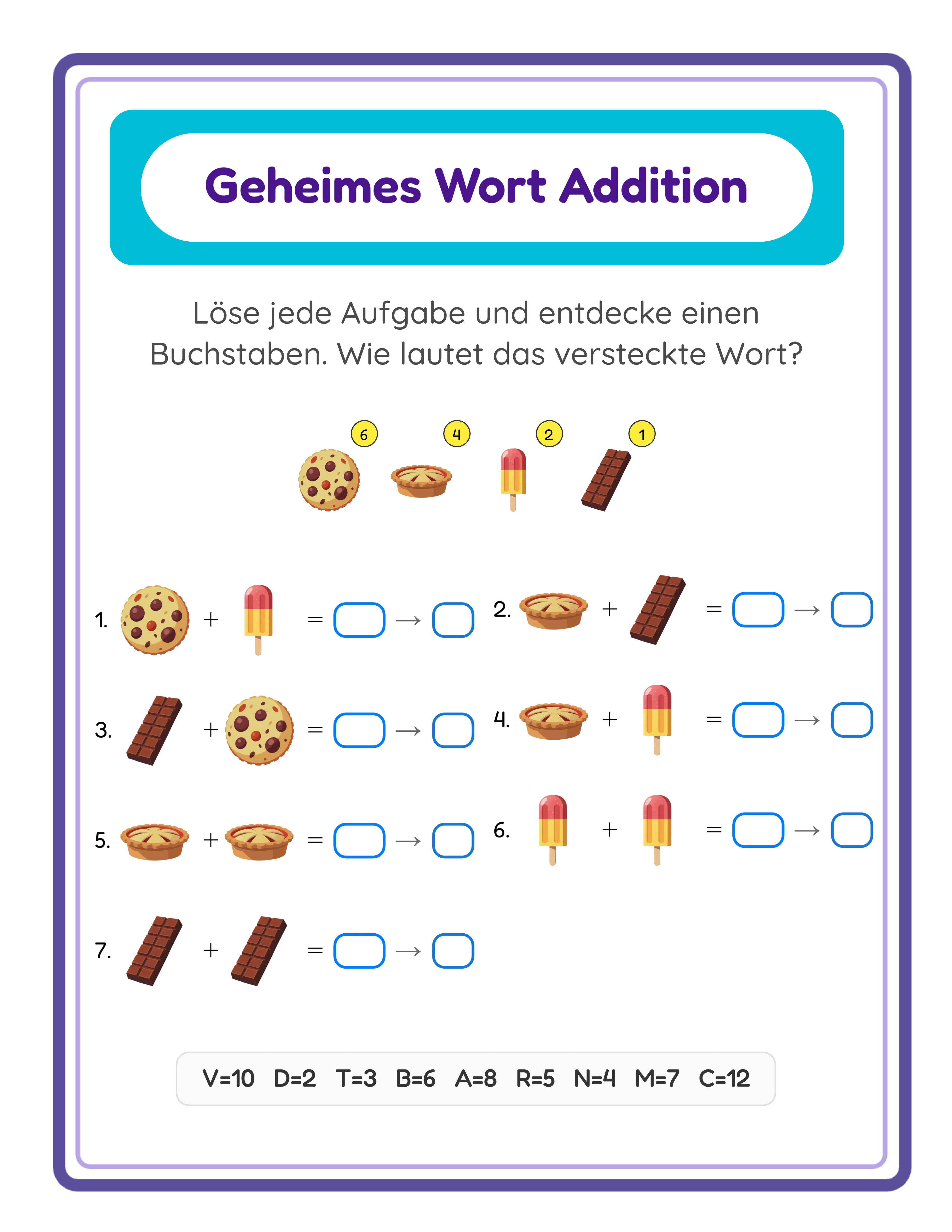 Code-Knacker-Additions-Arbeitsblatt — fortgeschrittenes Codeknacken