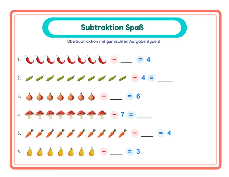 Subtraktions-Arbeitsblätter