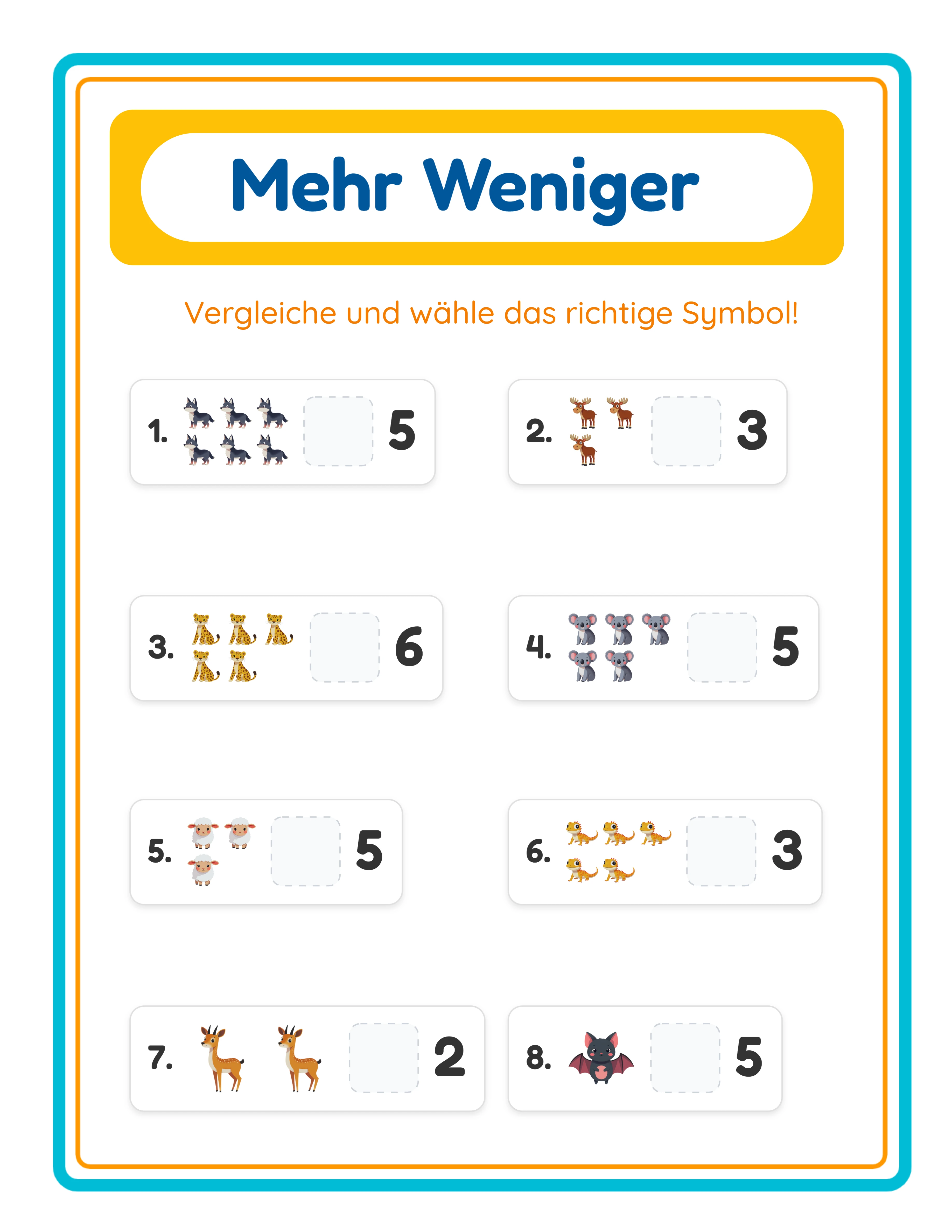 Hervorgehobenes Mehr-Weniger-Arbeitsblatt — bunte Vergleichsaktivität