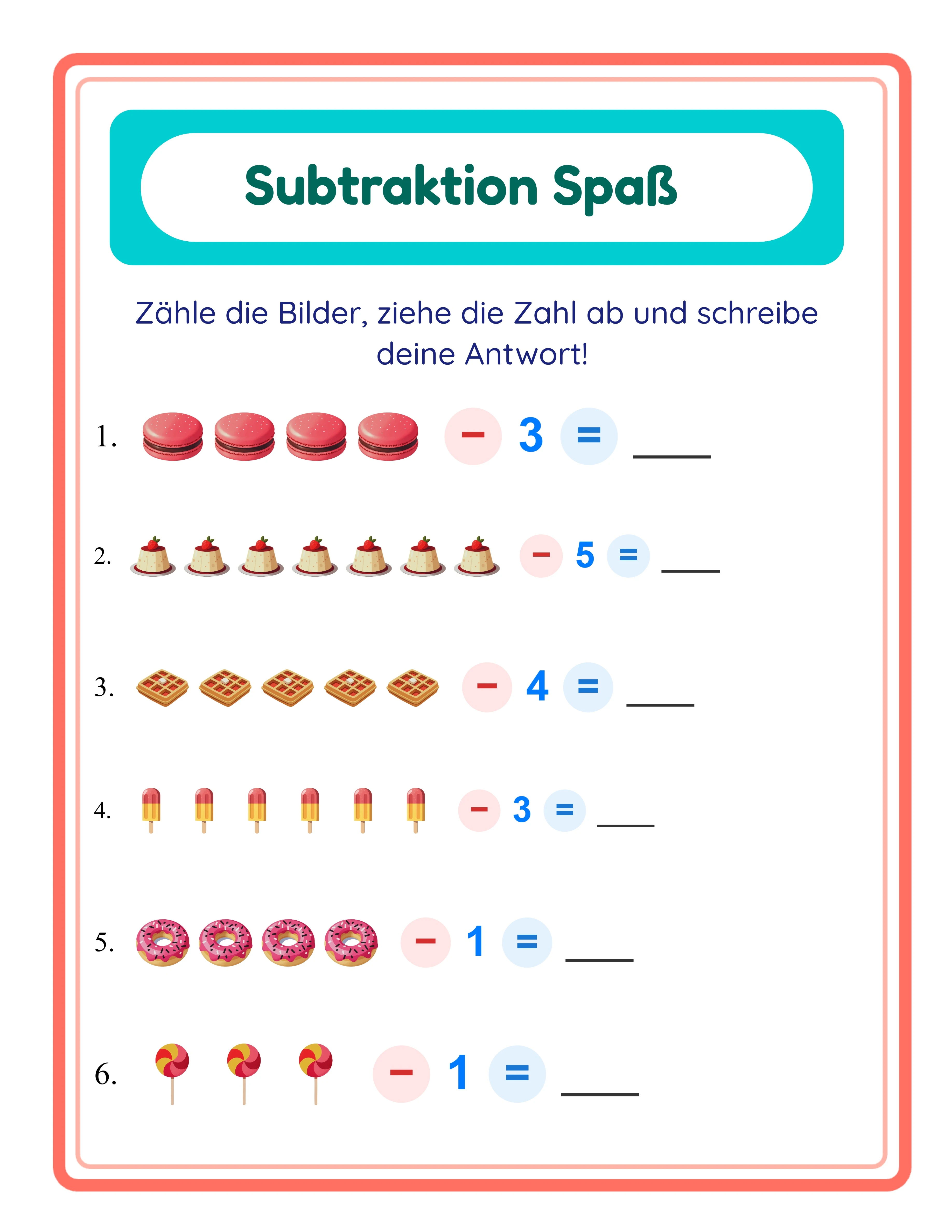 Durchstreich-Subtraktion mit Bildern — Arbeitsblatt Beispiel 2